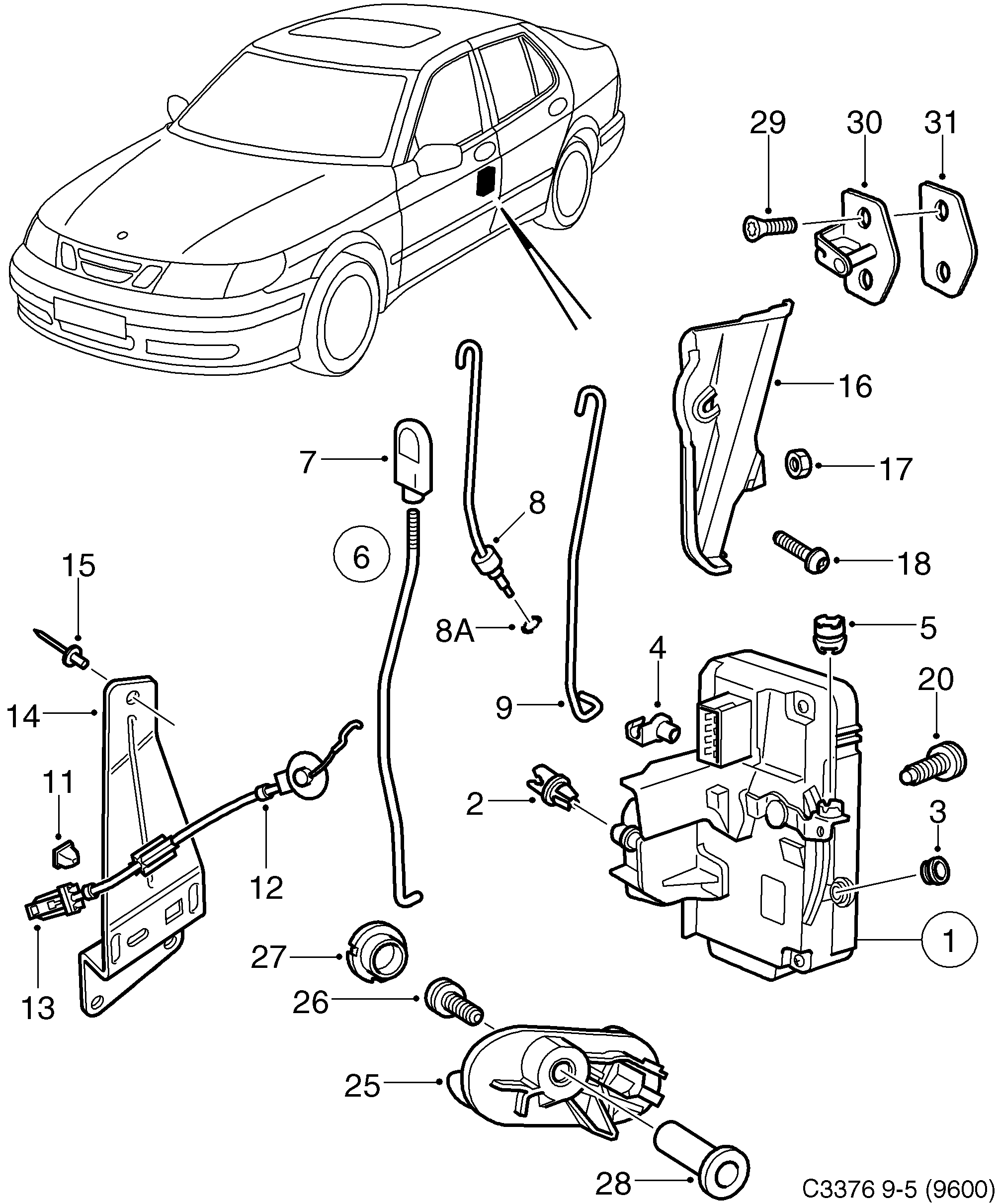 Saab 9-5 (9600) Door lock Front door diagram