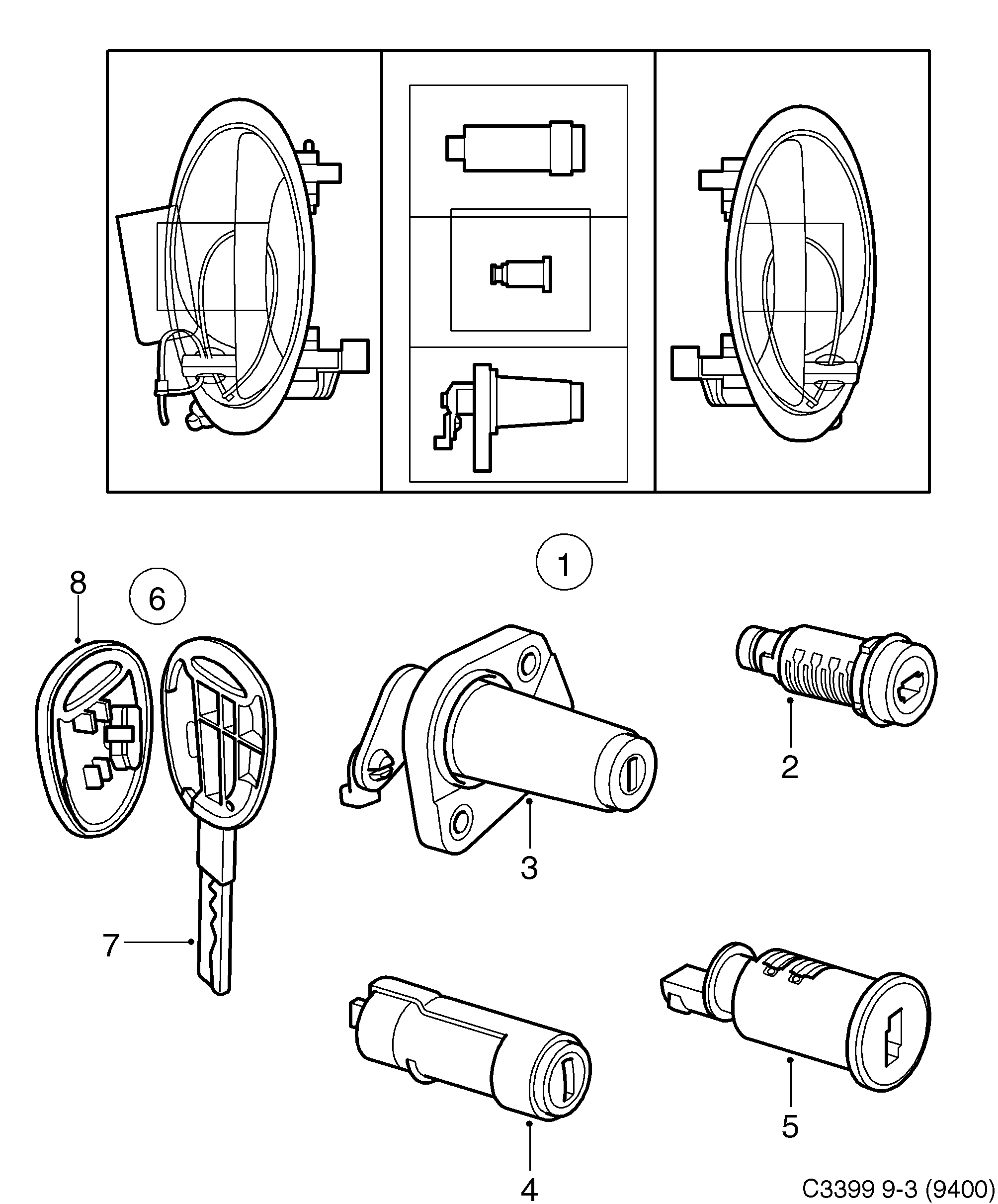 Saab 9-3 (9400) Lock Lock cylinder set diagram