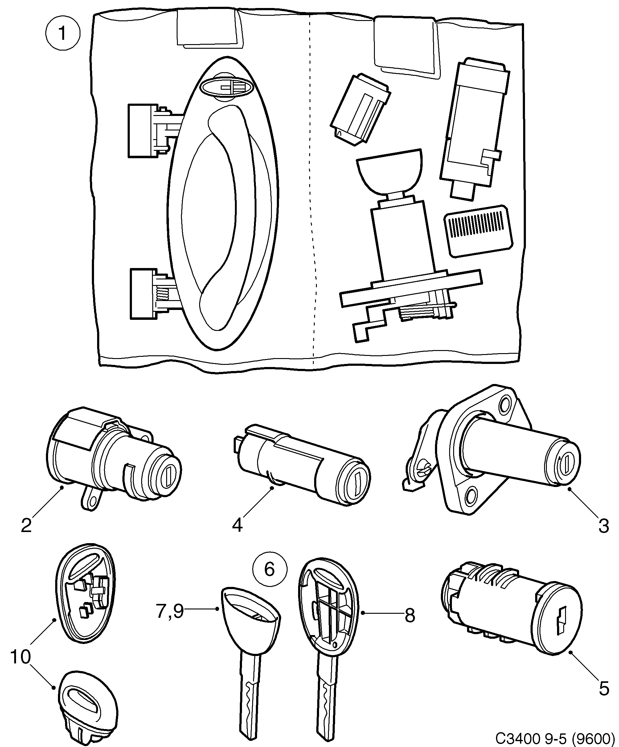 Saab 9-5 (9600) Lock Lock cylinder set diagram