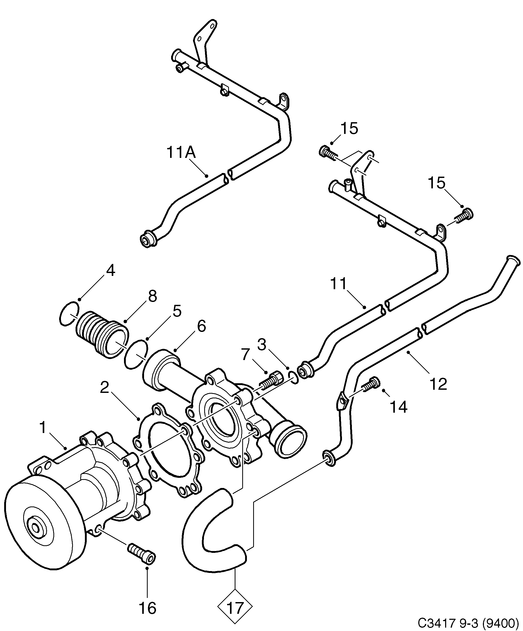 Saab 9-3 (9400) Coolant pump diagram