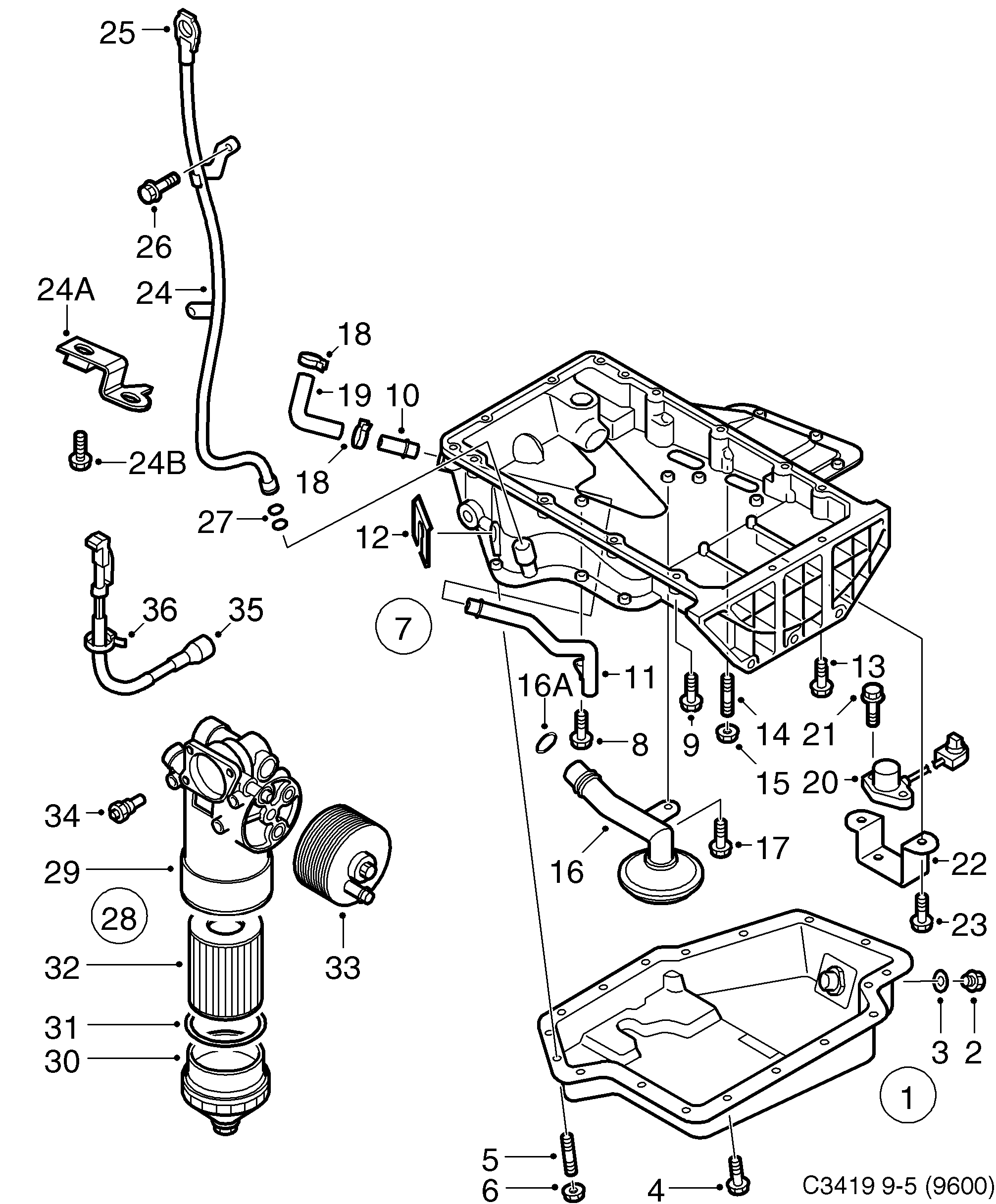 Saab 9-5 (9600) Oil pan, oil filter diagram