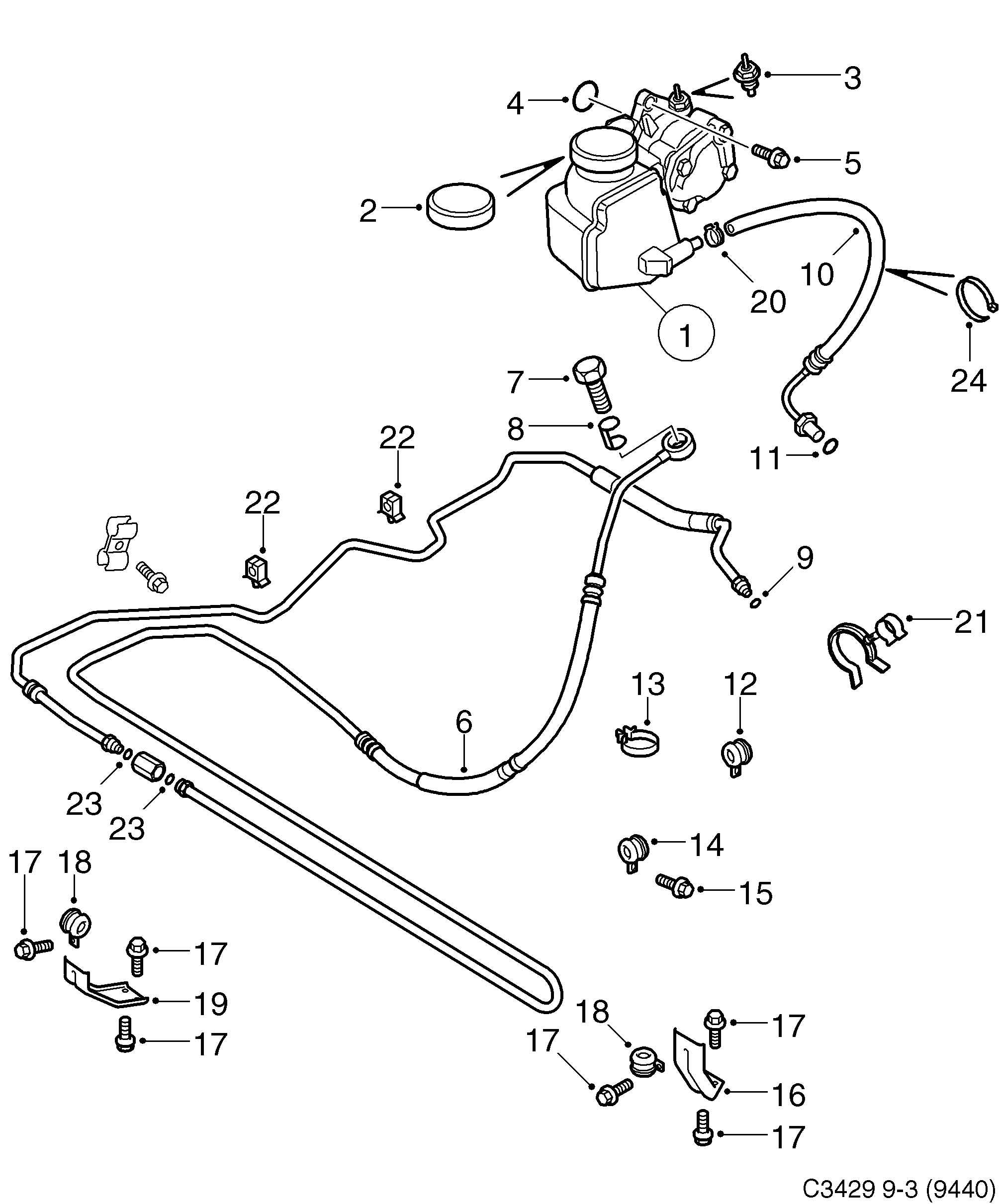Saab 9-3 (9440) Hydraulic pump hoses diagram