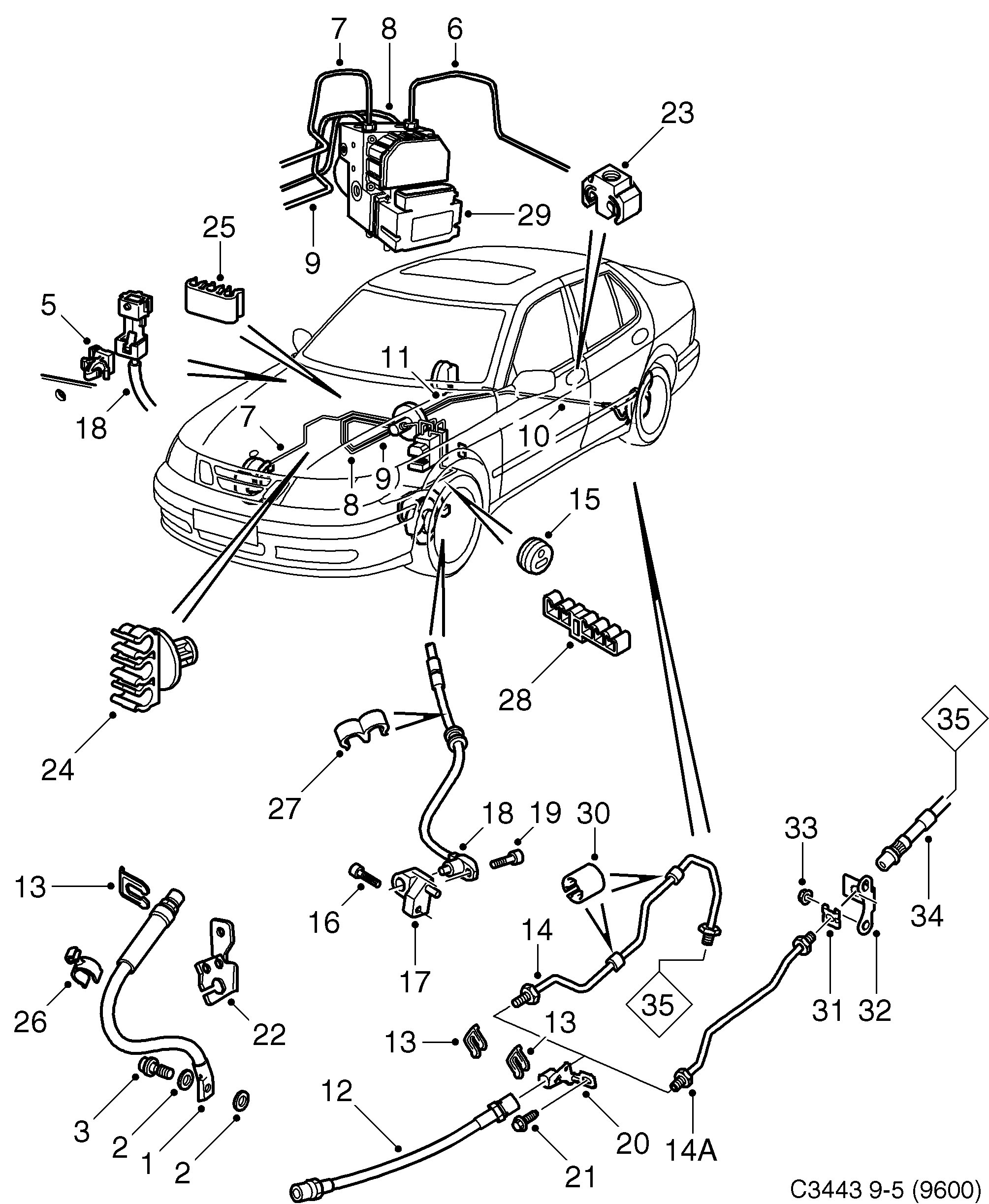 Saab 9-5 (9600) Brake lines ABS diagram