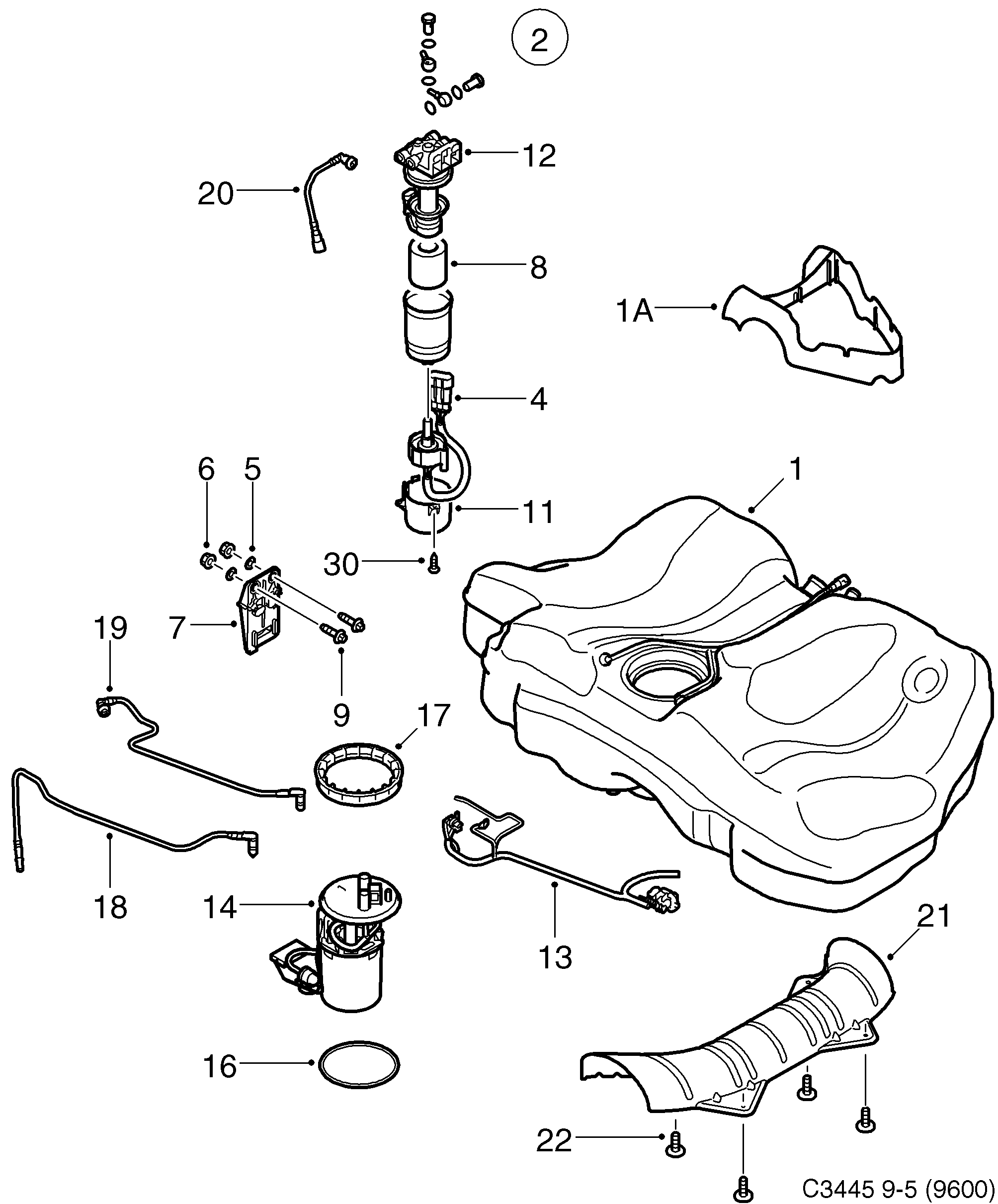 Saab 9-5 (9600) Fuel tank Fuel filter diagram
