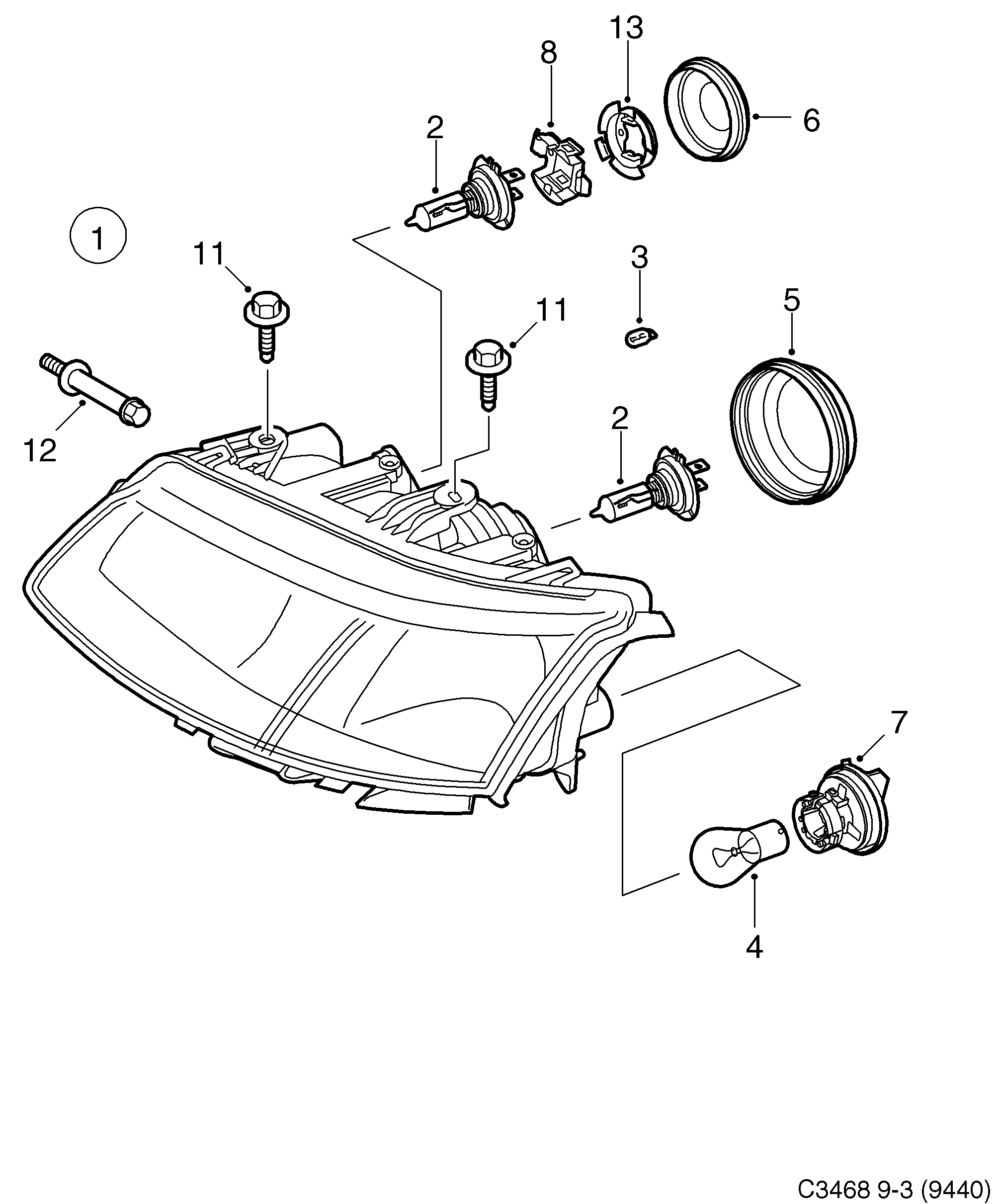 Saab 9-3 (9440) Headlamp diagram