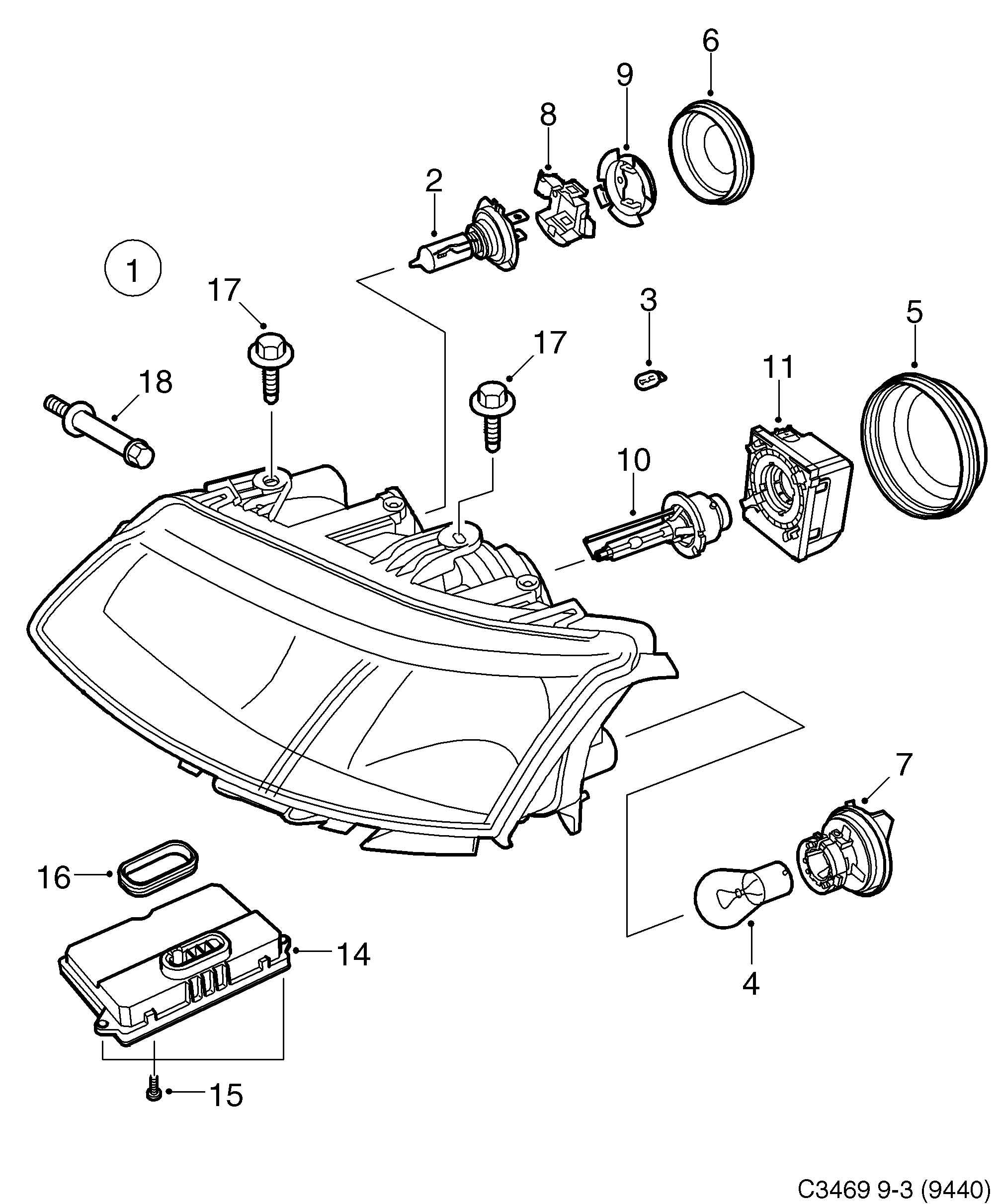 Saab 9-3 (9440) Headlamp Xenon diagram