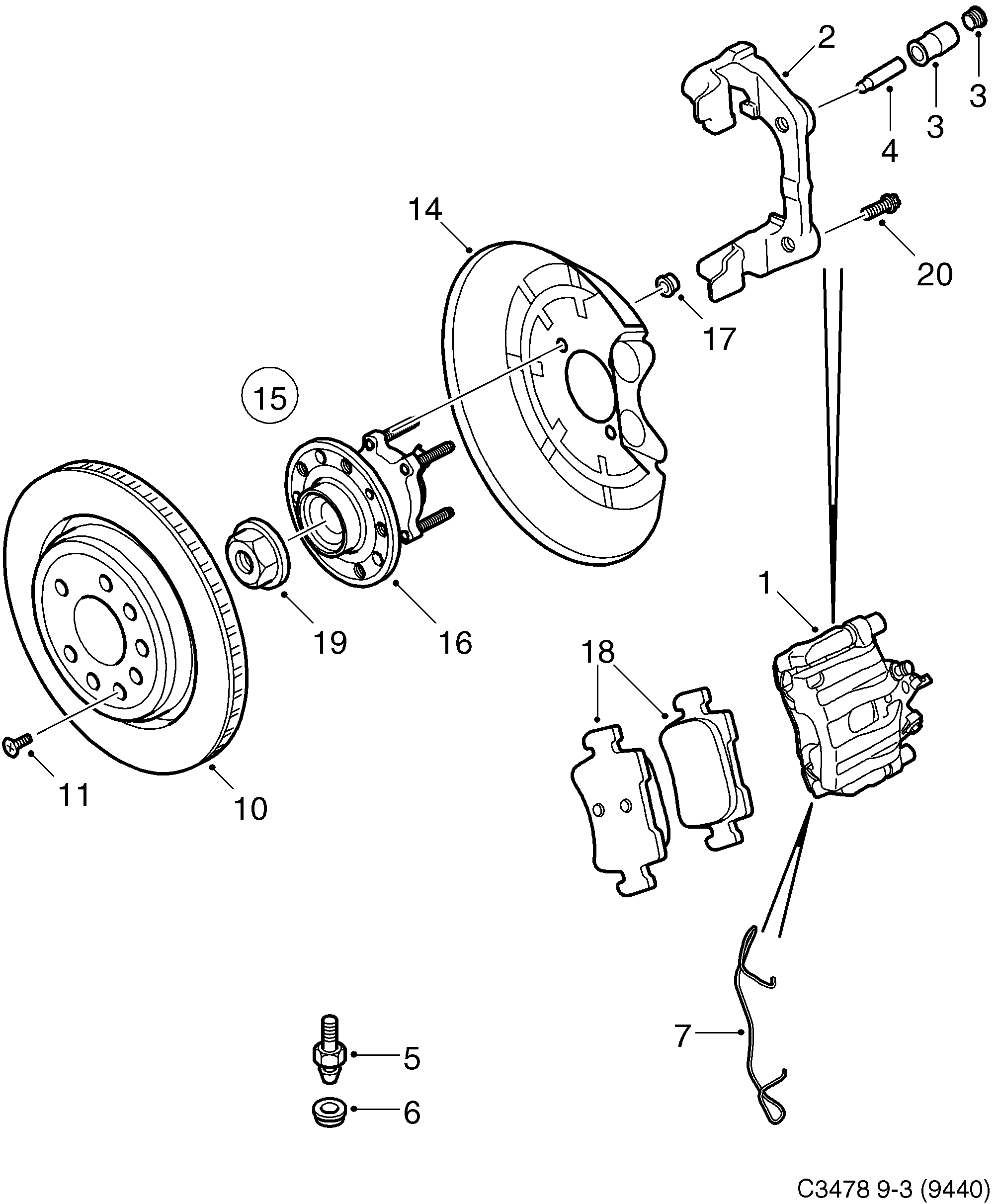 Saab 9-3 (9440) Rear wheel brake diagram