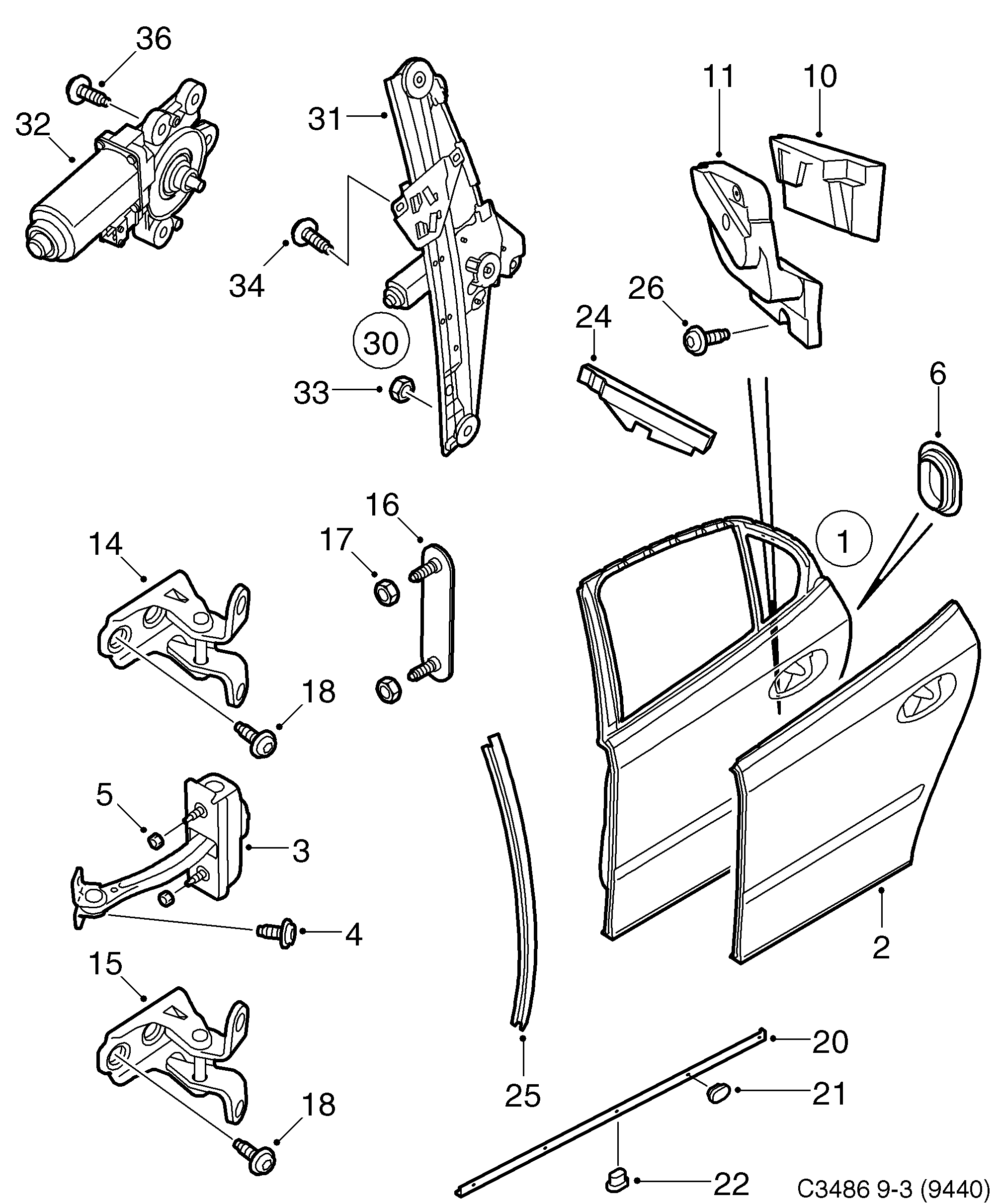 Saab 9-3 (9440) Rear door Window regulator diagram