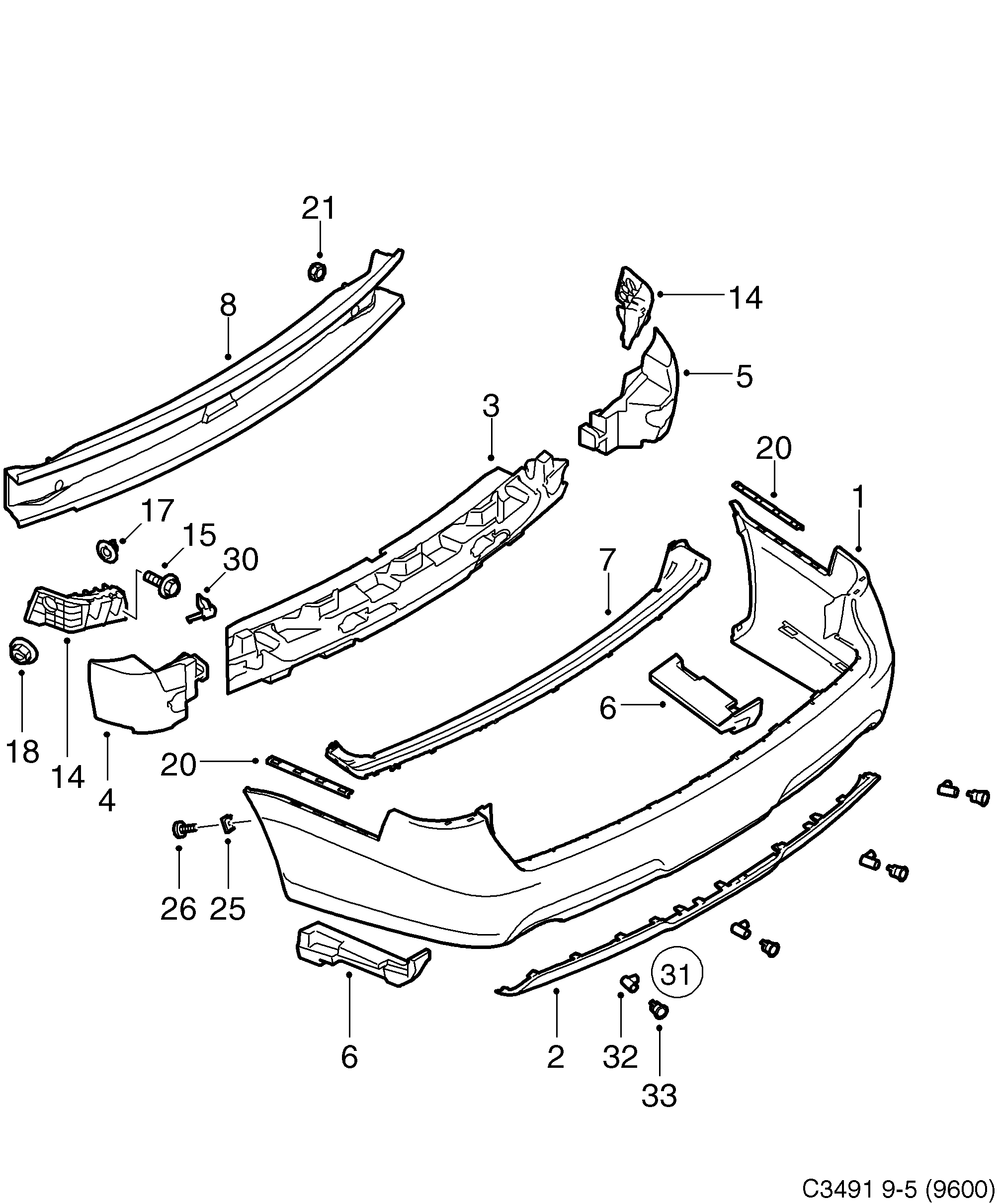 Saab 9-5 (9600) Bumper, rear diagram