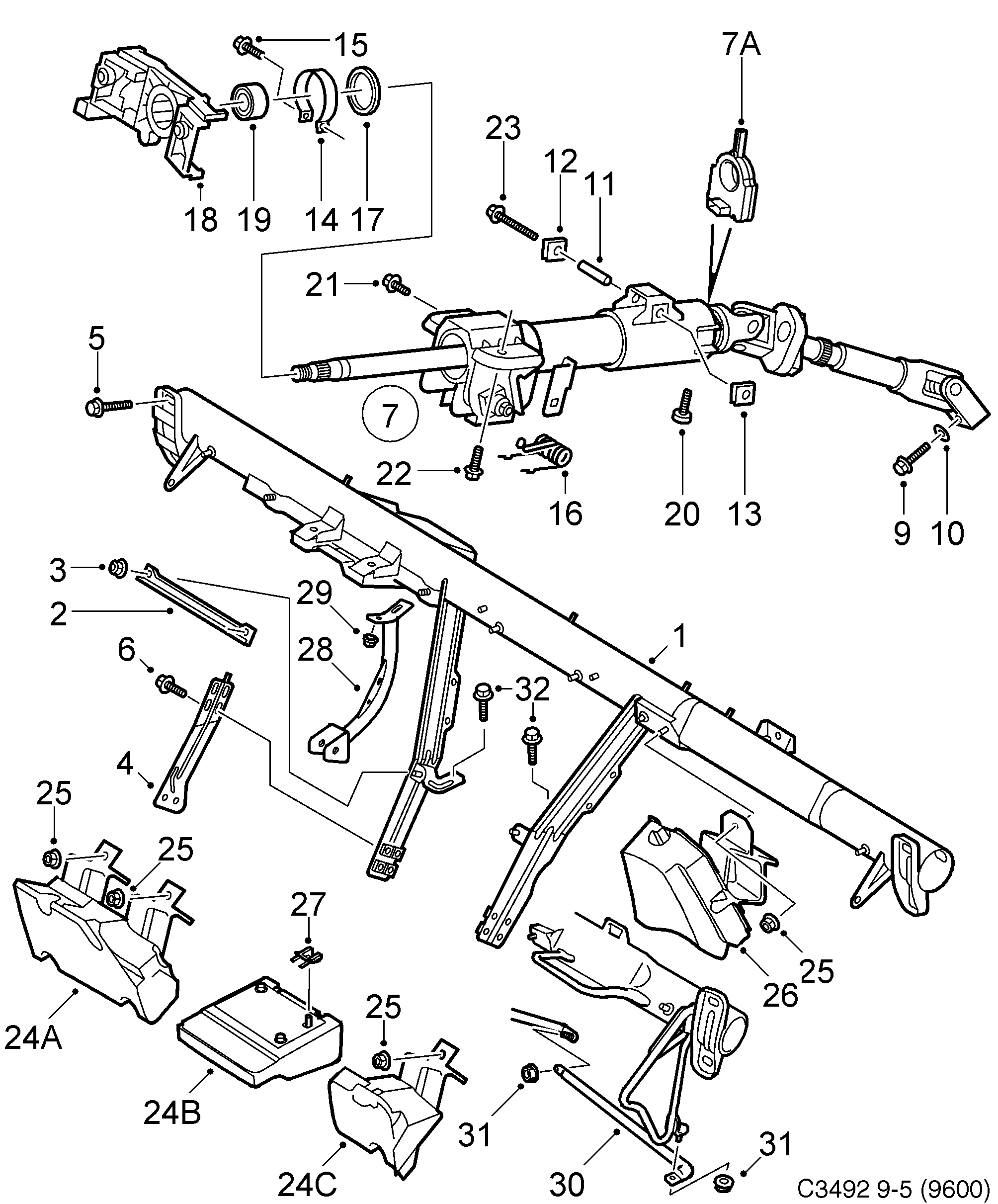 Saab 9-5 (9600) Steering wheel member Steering column diagram