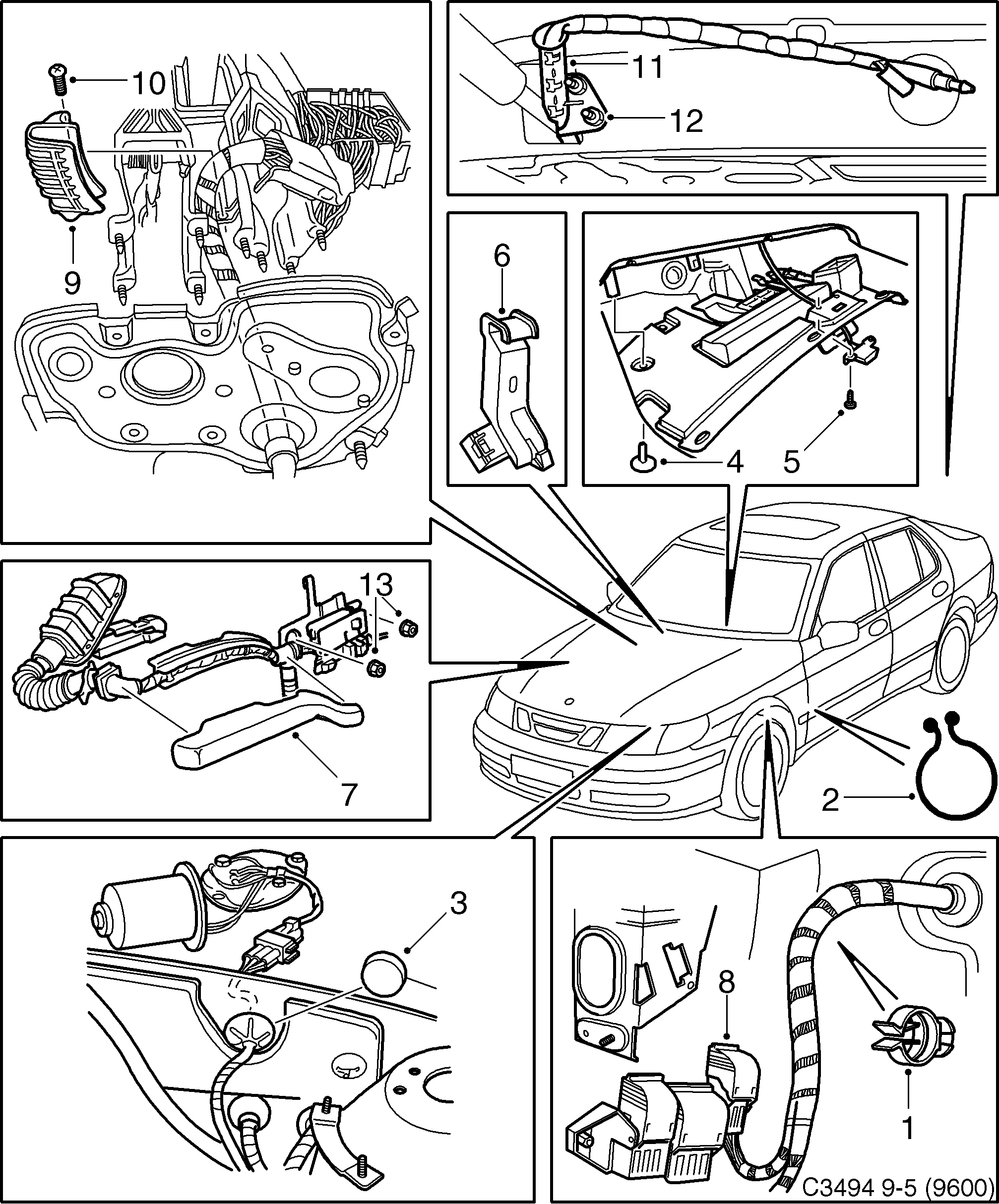 Saab 9-5 (9600) Mounting details Body diagram