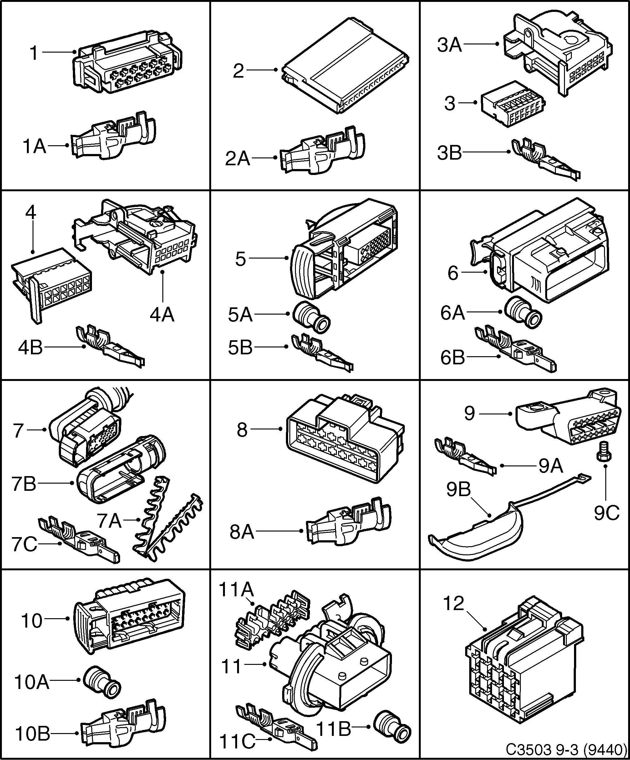 Saab 9-3 (9440) Connector housing etc 12-pin - 16-pin diagram