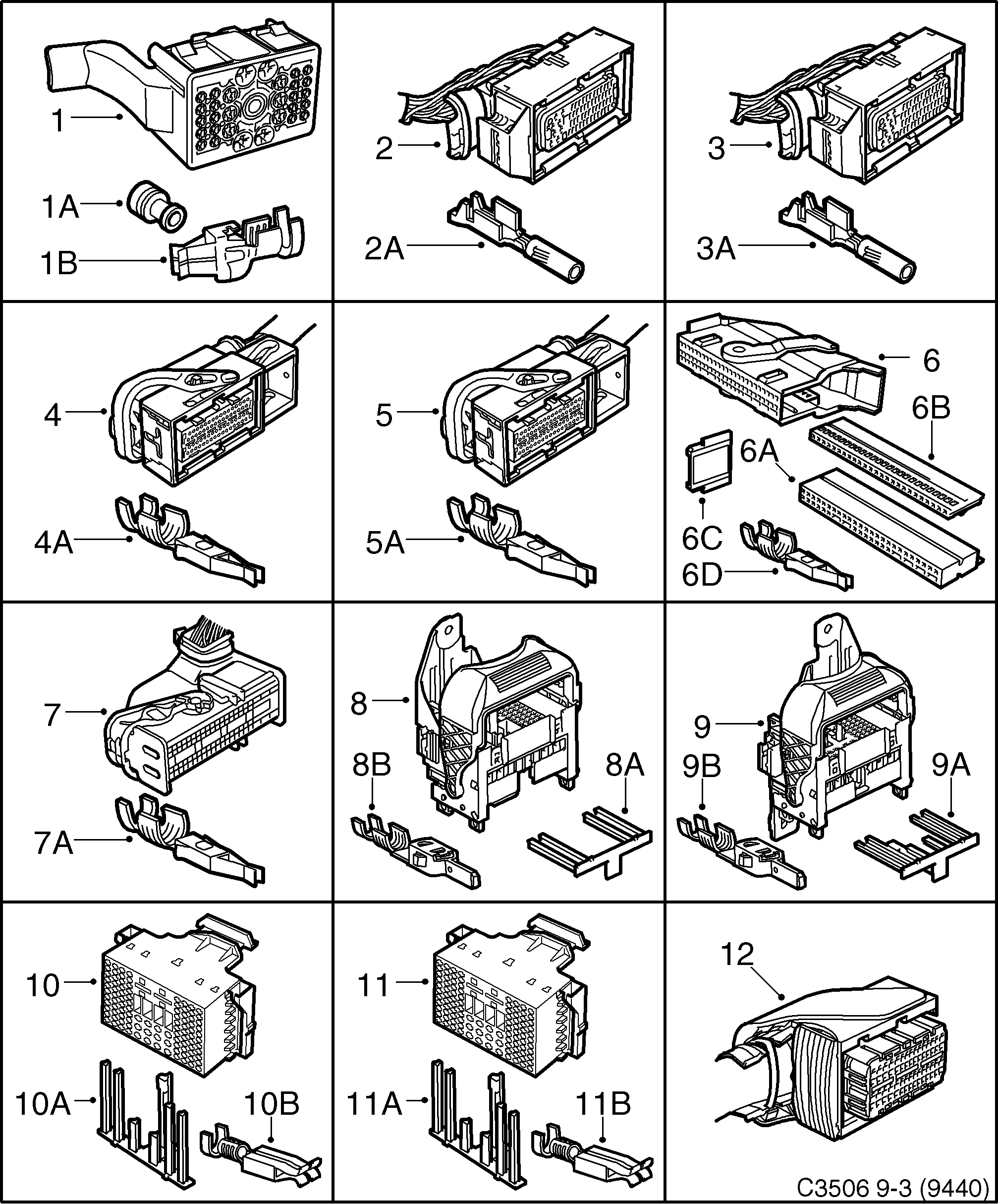 Saab 9-3 (9440) Connector housing etc 50-pin - 110-pin diagram