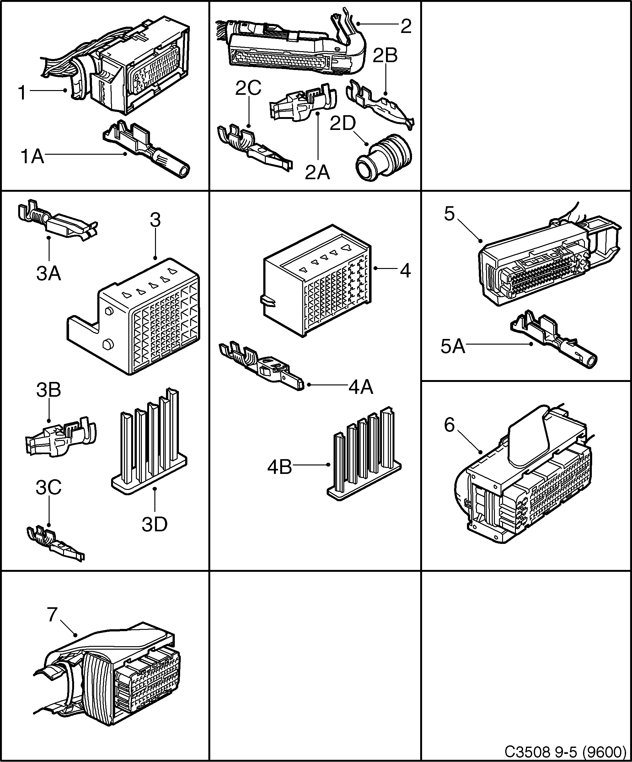 Saab 9-5 (9600) Connector housing etc 50-pin - 110-pin diagram