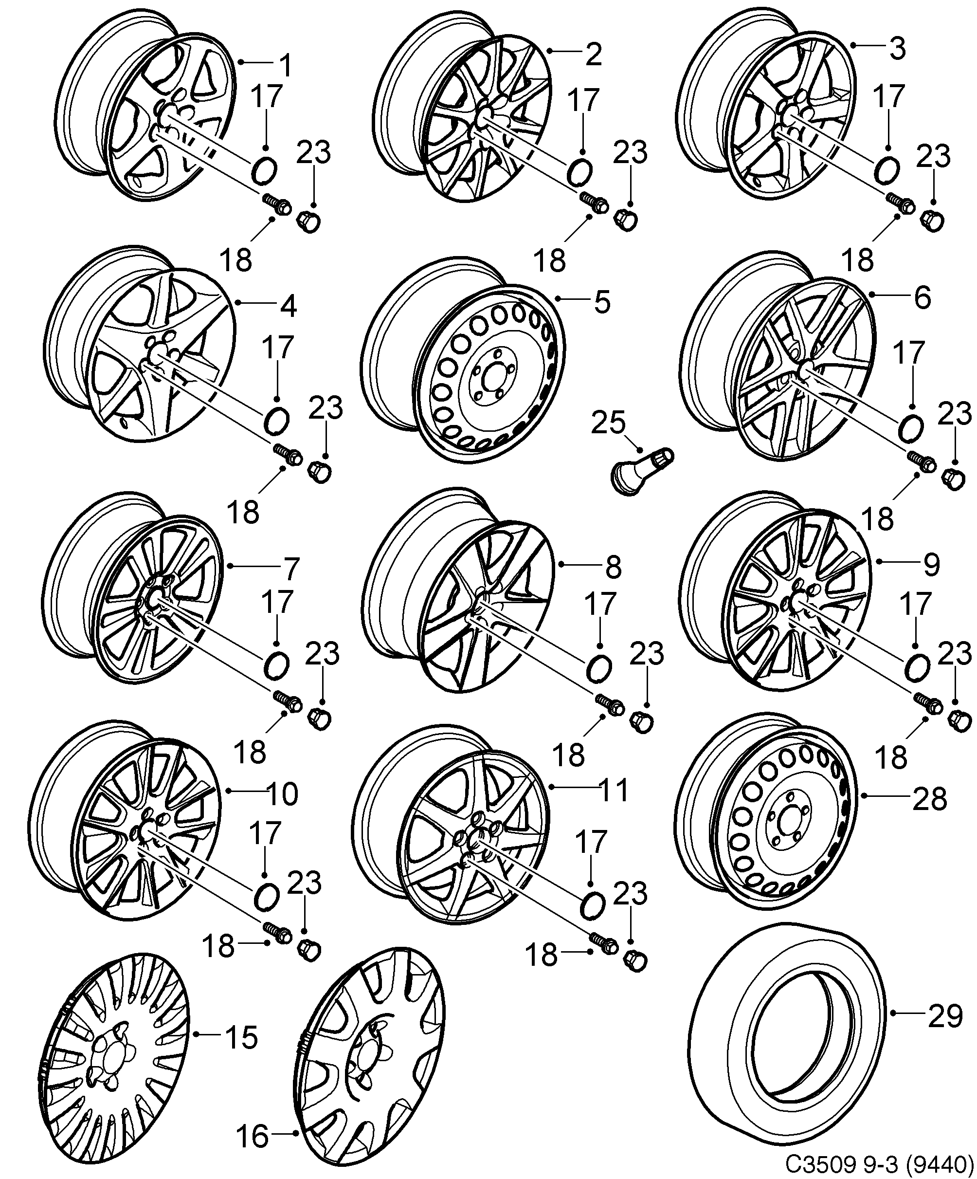 Saab 9-3 (9440) Wheel diagram