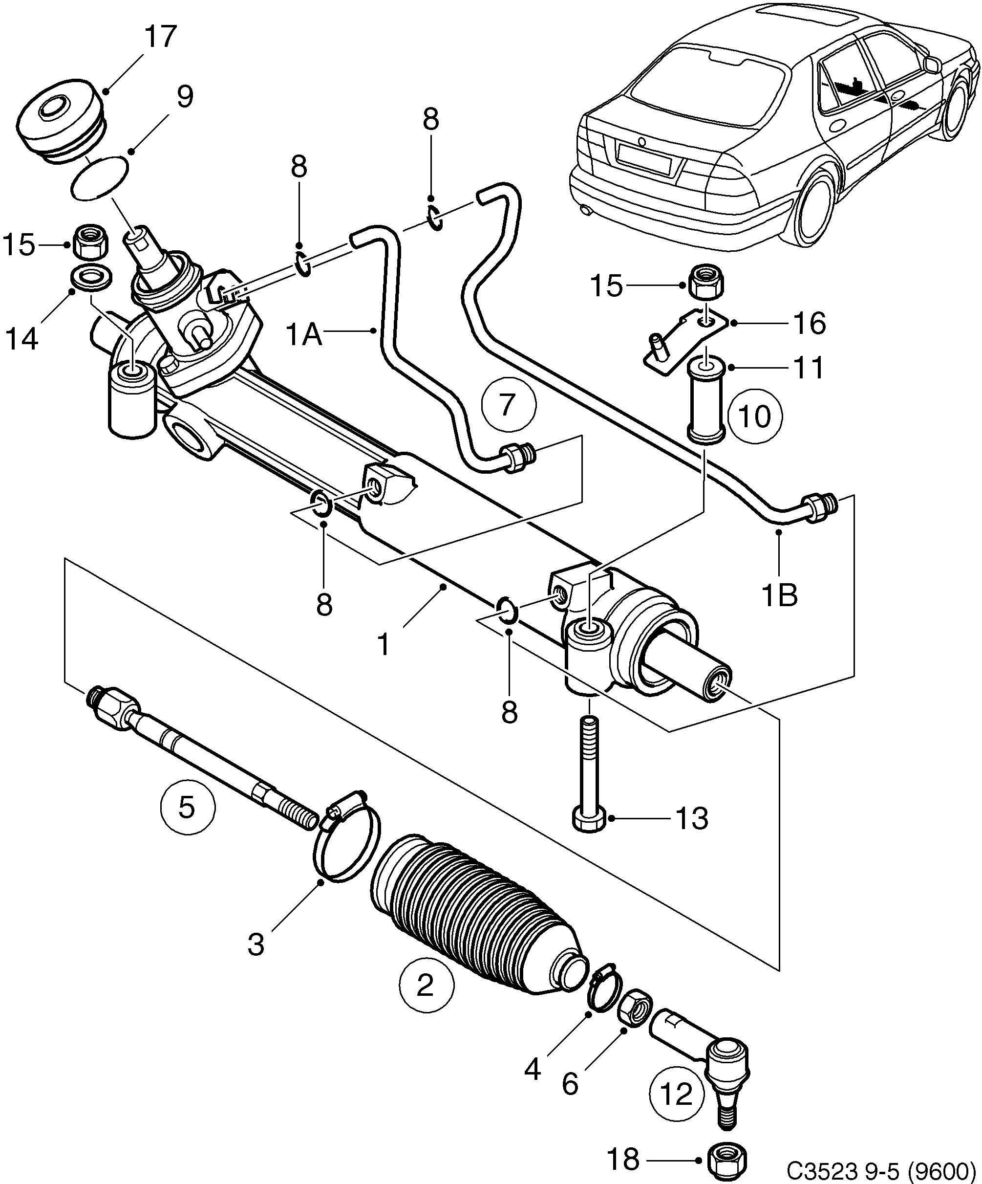Saab 9-5 (9600) Power steering gear diagram