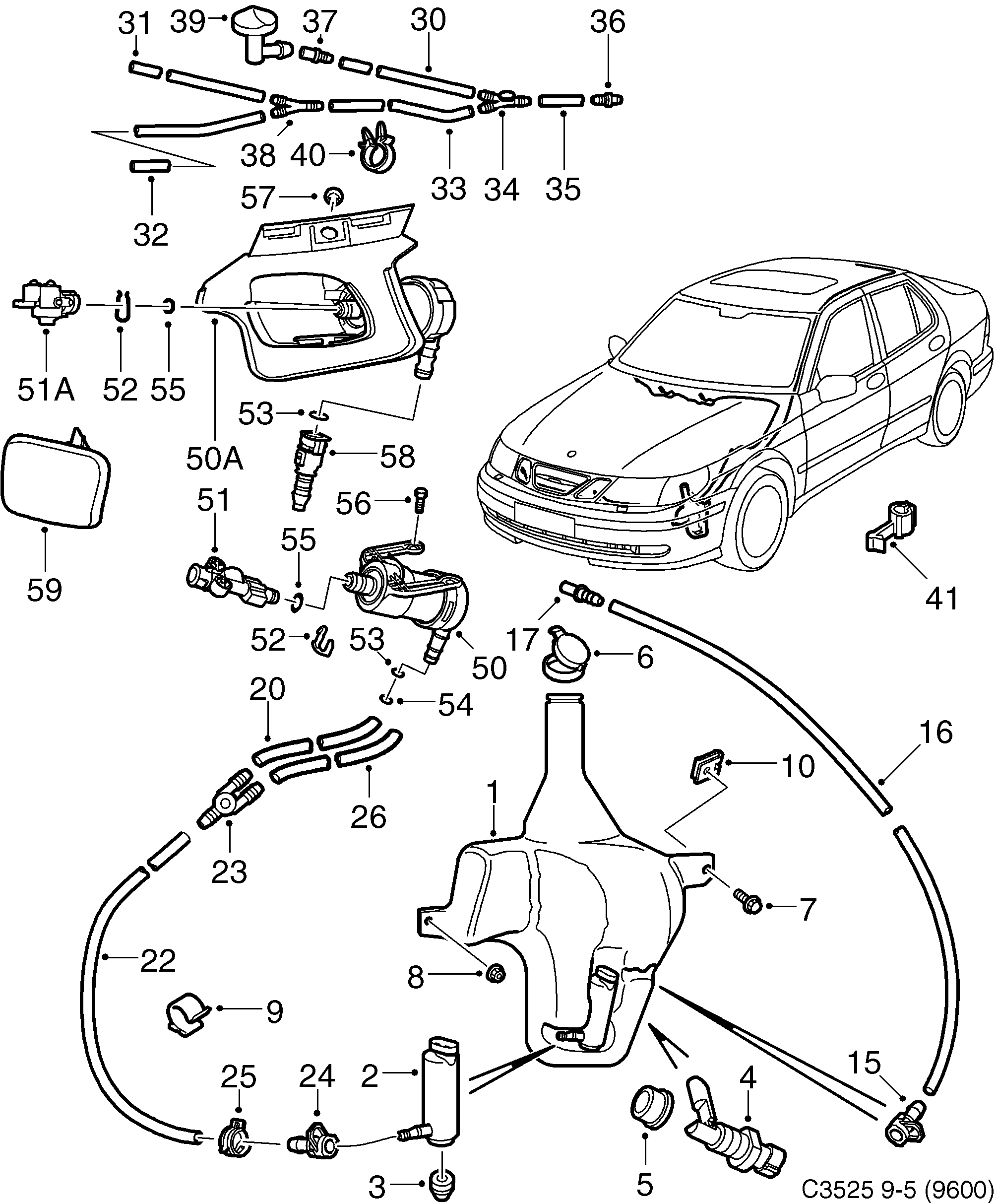 Saab 9-5 (9600) Washer unit Windshield and headlamp diagram