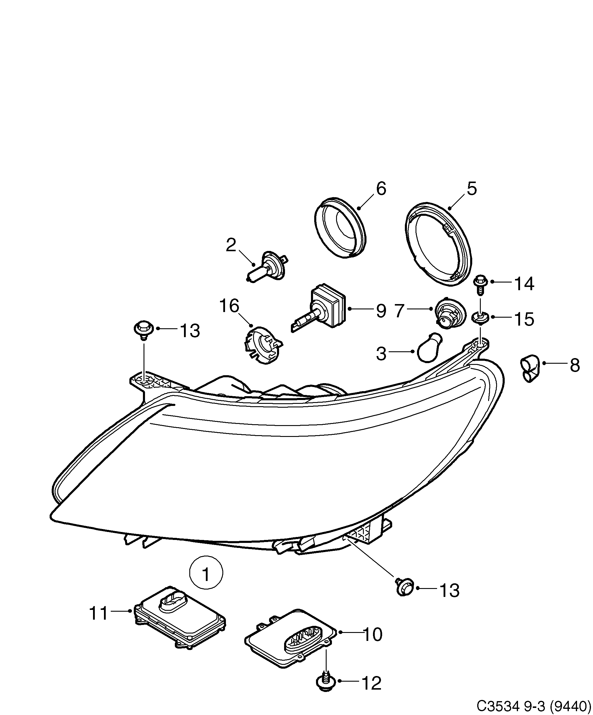 Saab 9-3 (9440) Headlamp Adaptive forward lighting diagram