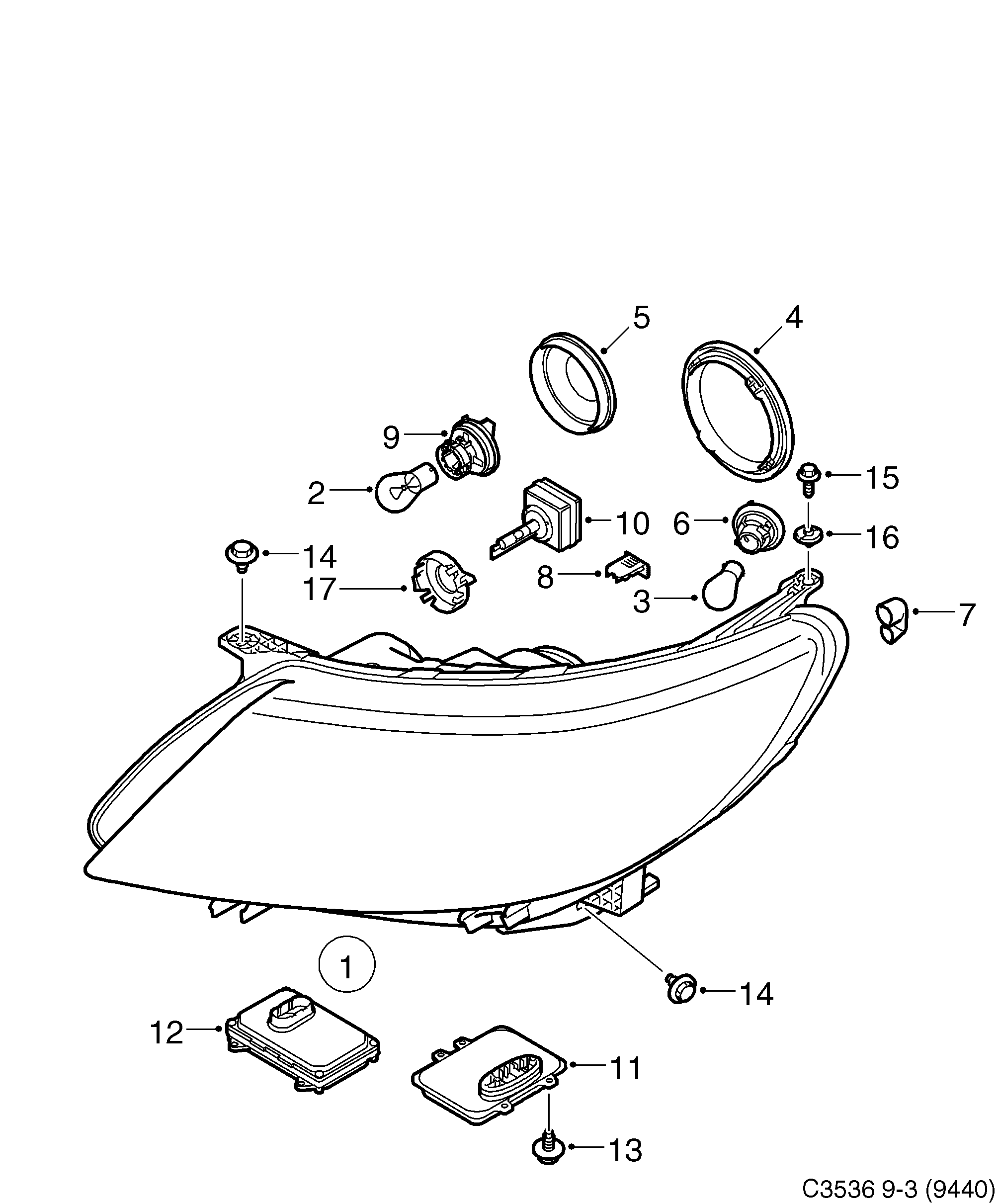 Saab 9-3 (9440) Headlamp Adaptive forward lighting diagram