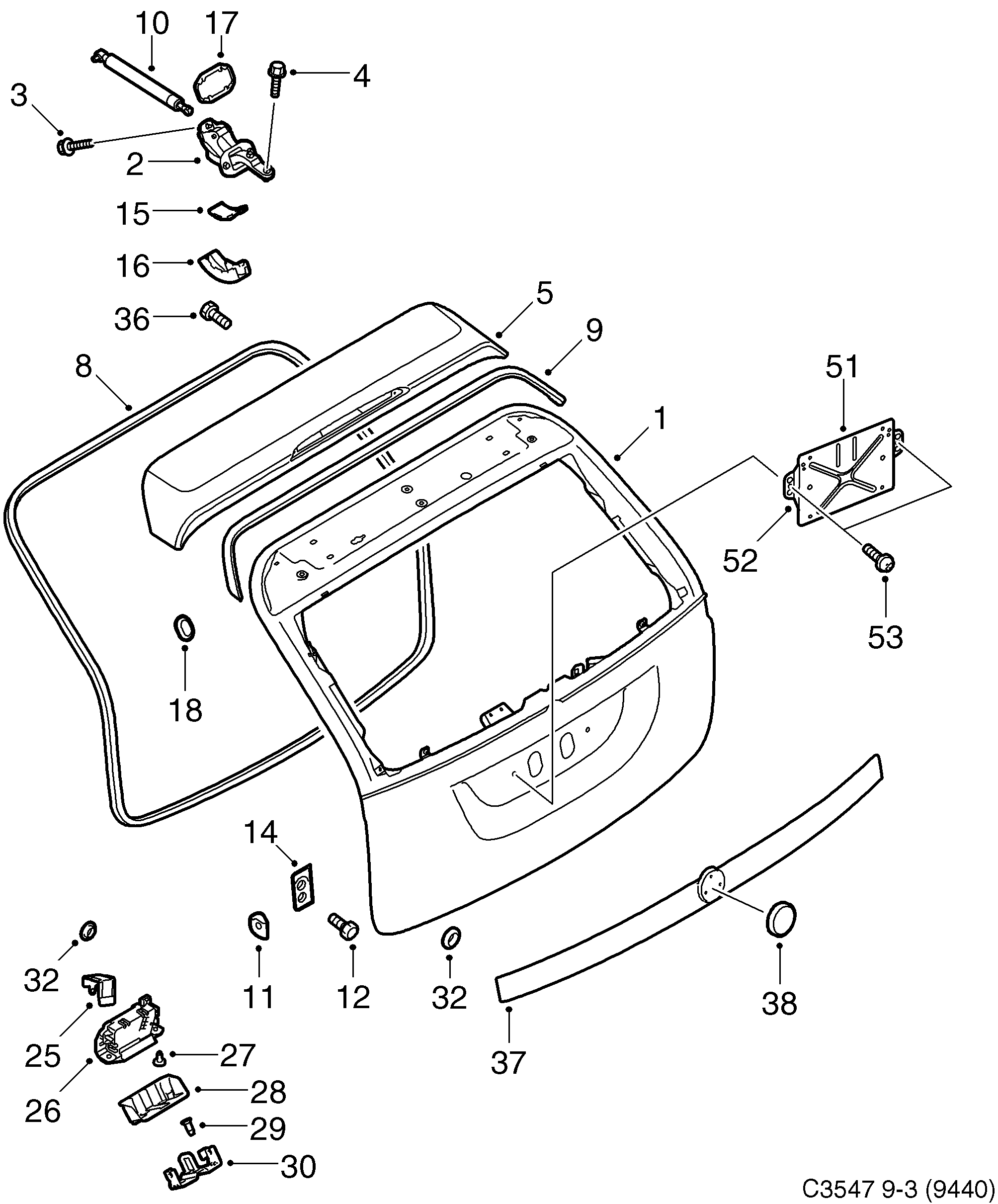 Saab 9-3 (9440) Tail gate lock diagram