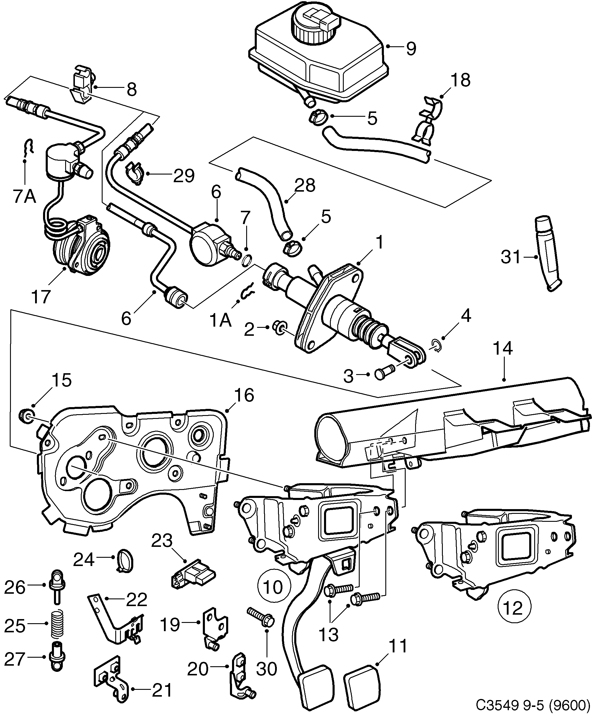 Saab 9-5 (9600) Pedal, master cylinder diagram