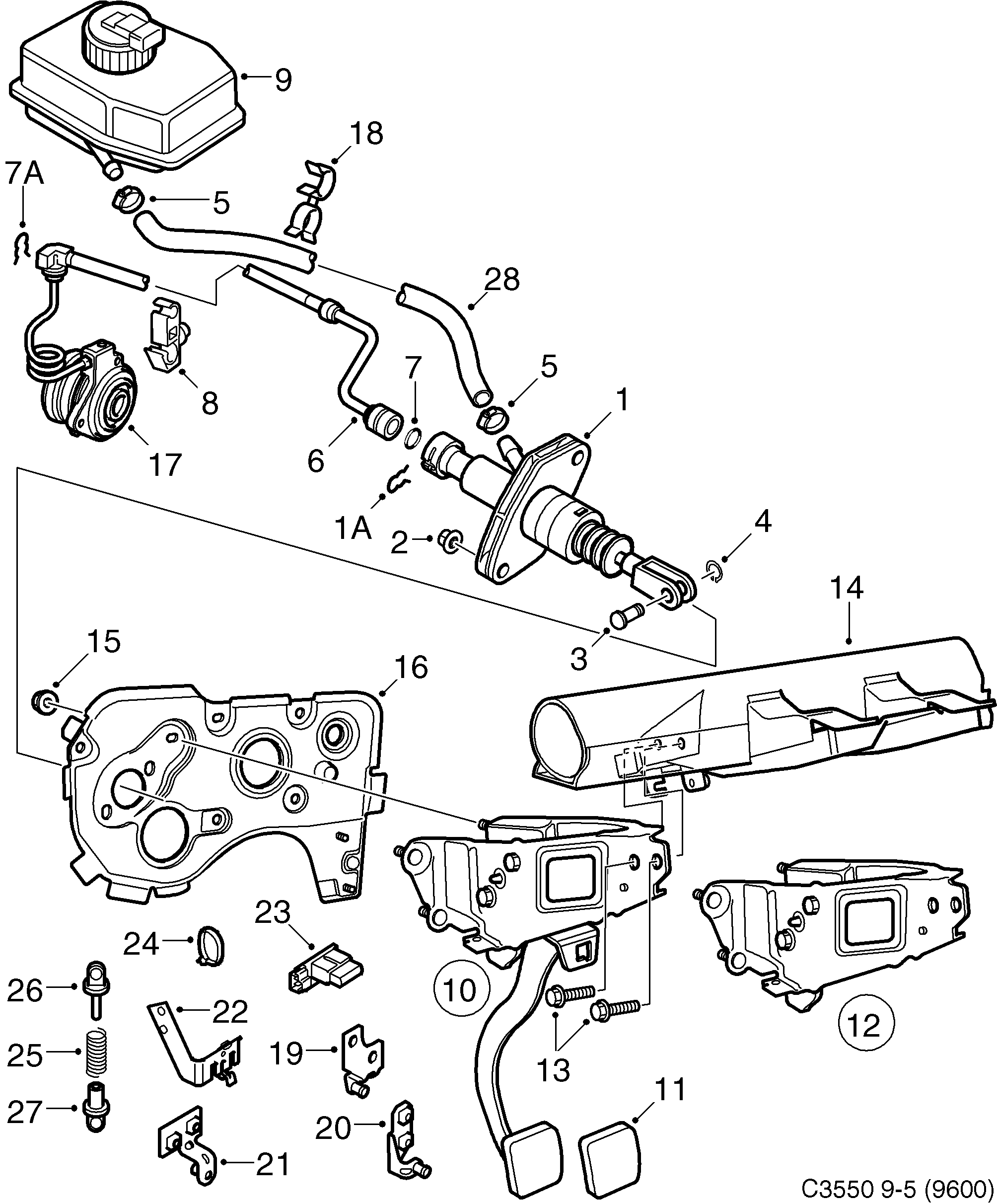 Saab 9-5 (9600) Pedal, master cylinder diagram