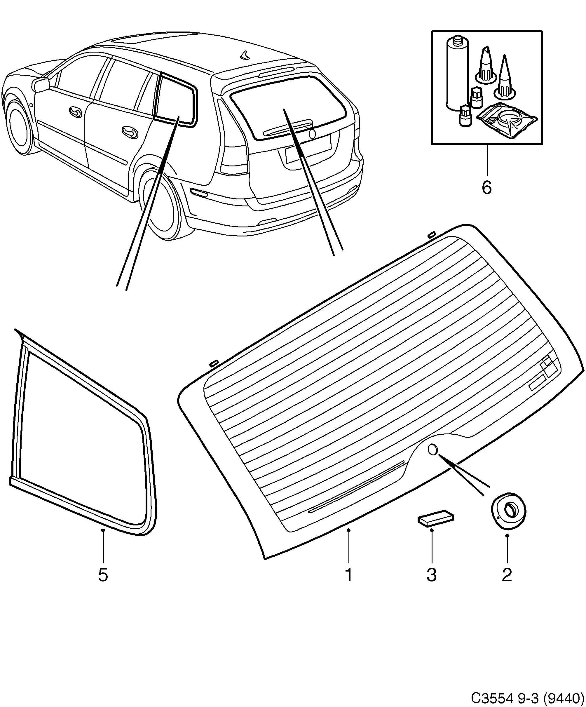 Saab 9-3 (9440) Rear window diagram