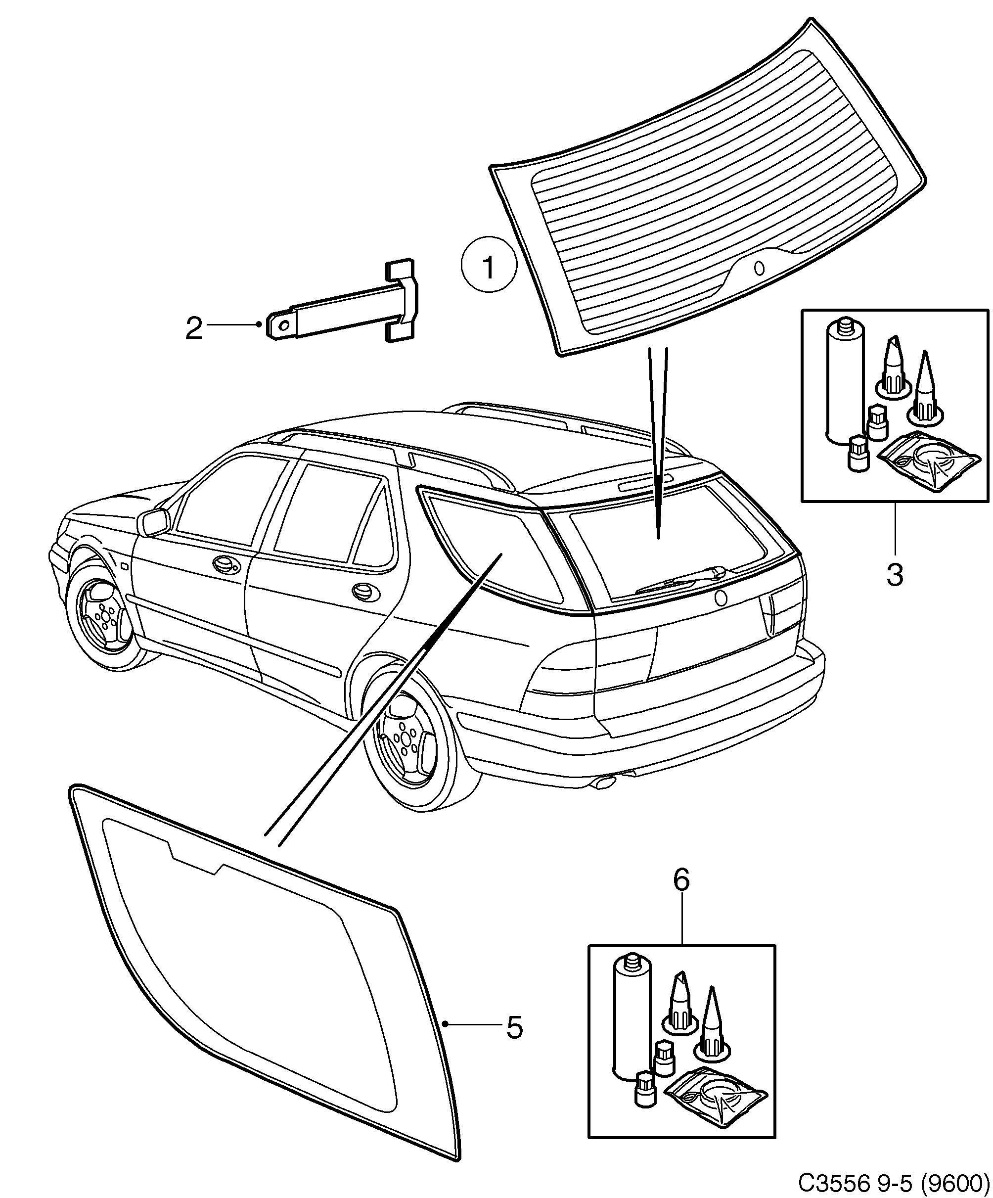 Saab 9-5 (9600) Rear window Side window diagram