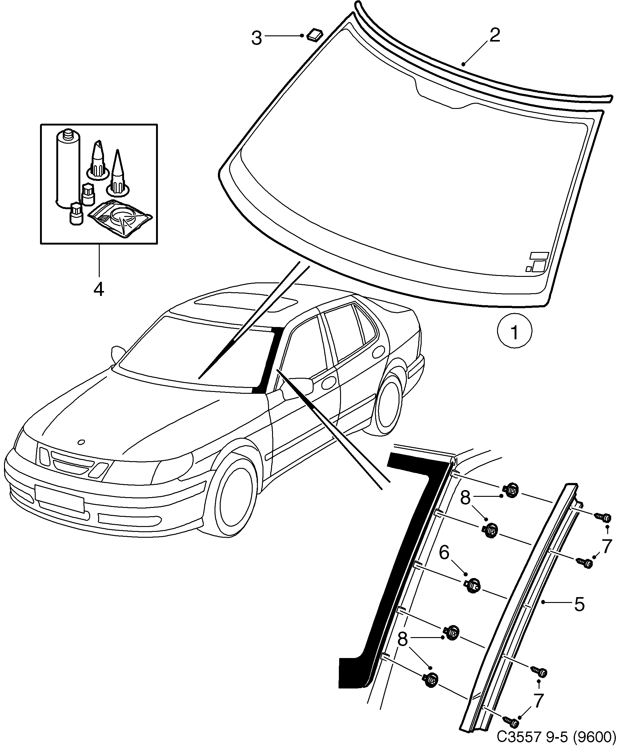 Saab 9-5 (9600) Windscreen diagram