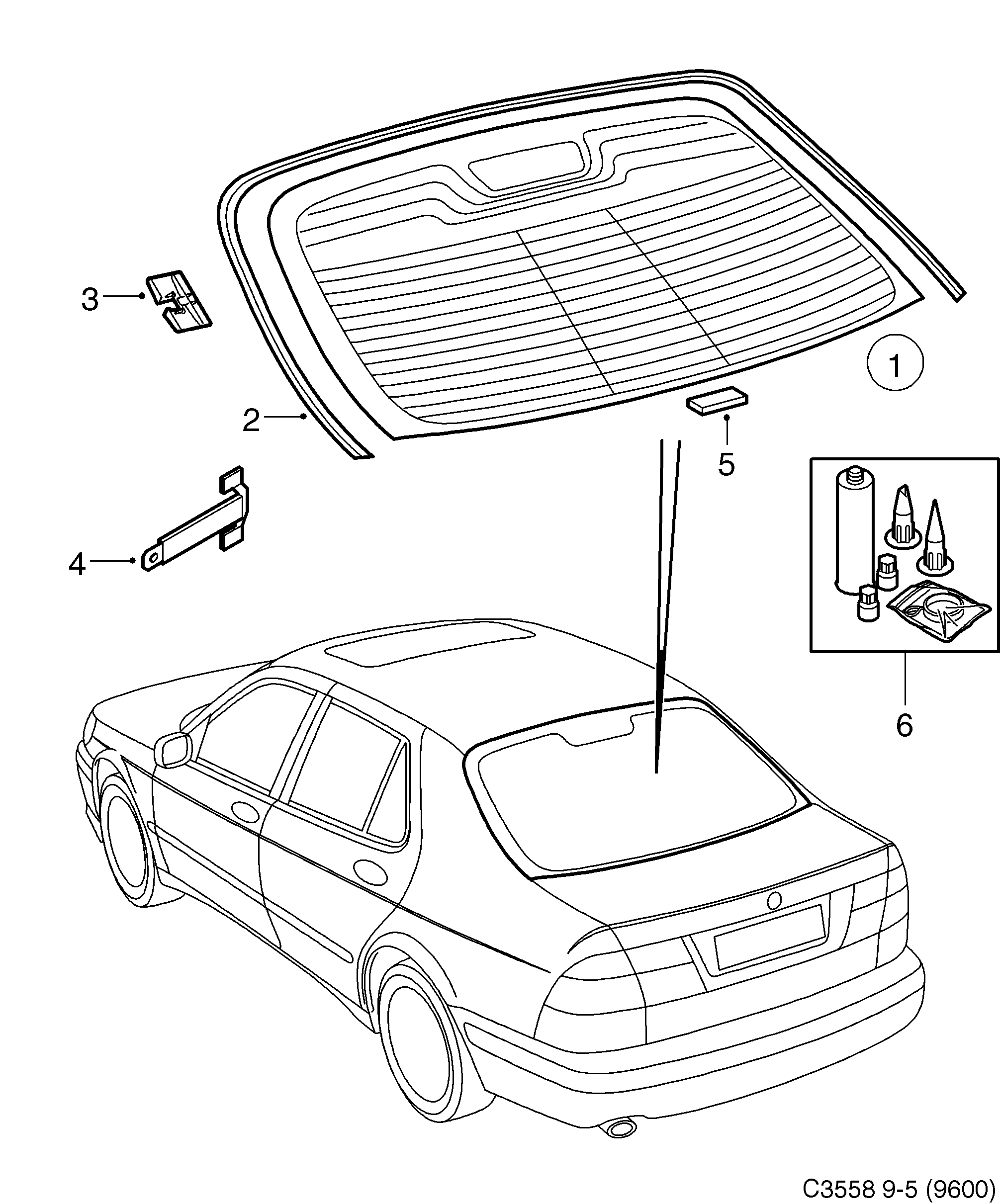 Saab 9-5 (9600) Rear window diagram