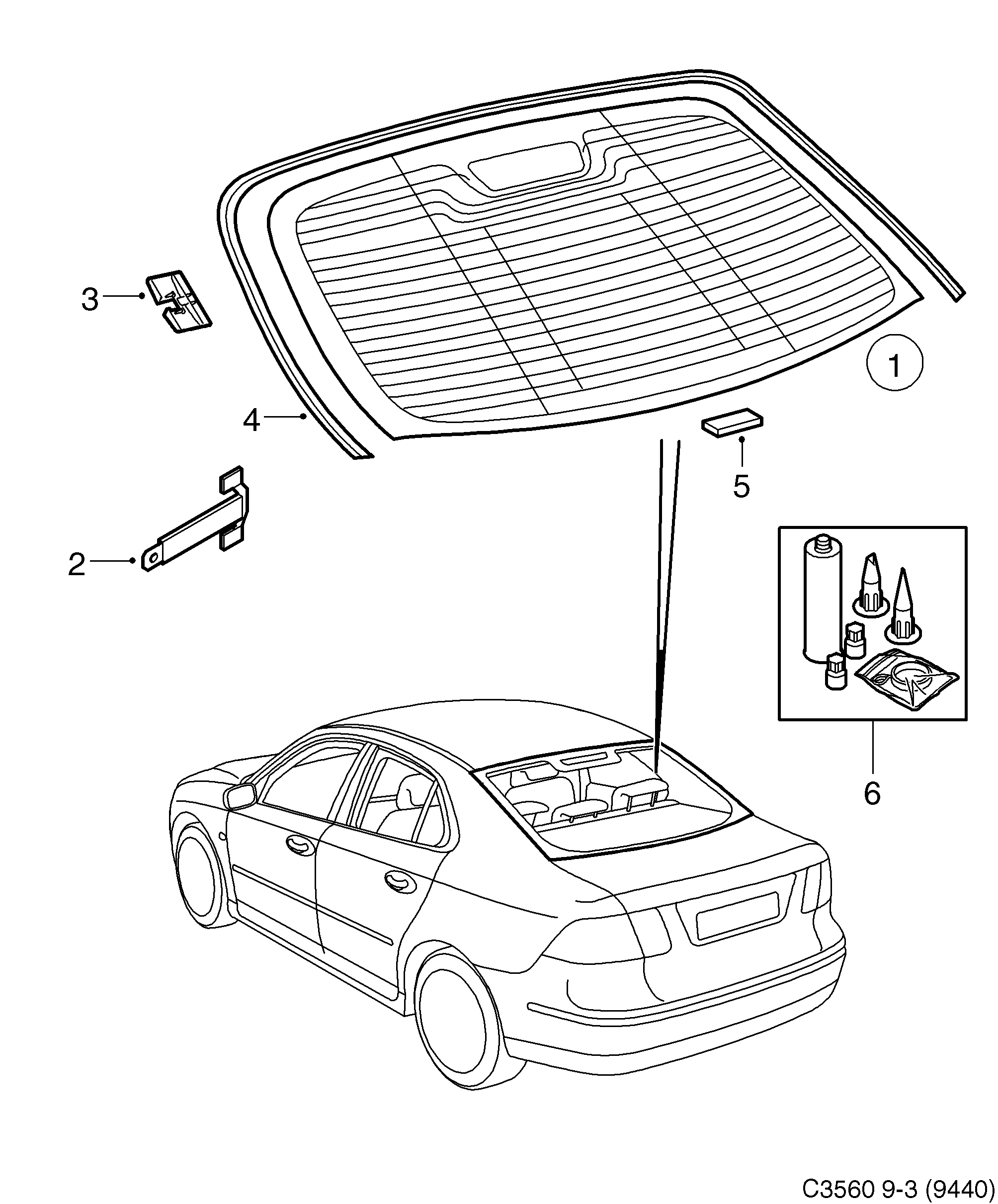 Saab 9-3 (9440) Rear window diagram