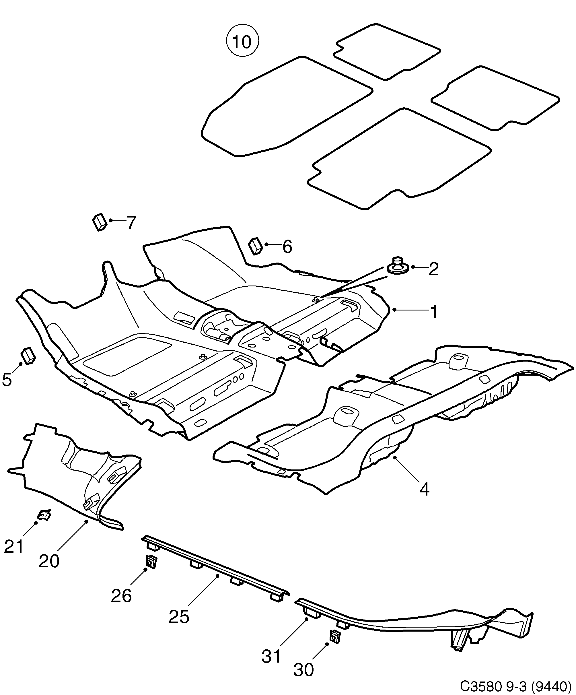 Saab 9-3 (9440) Carpet Scuff plate protector diagram