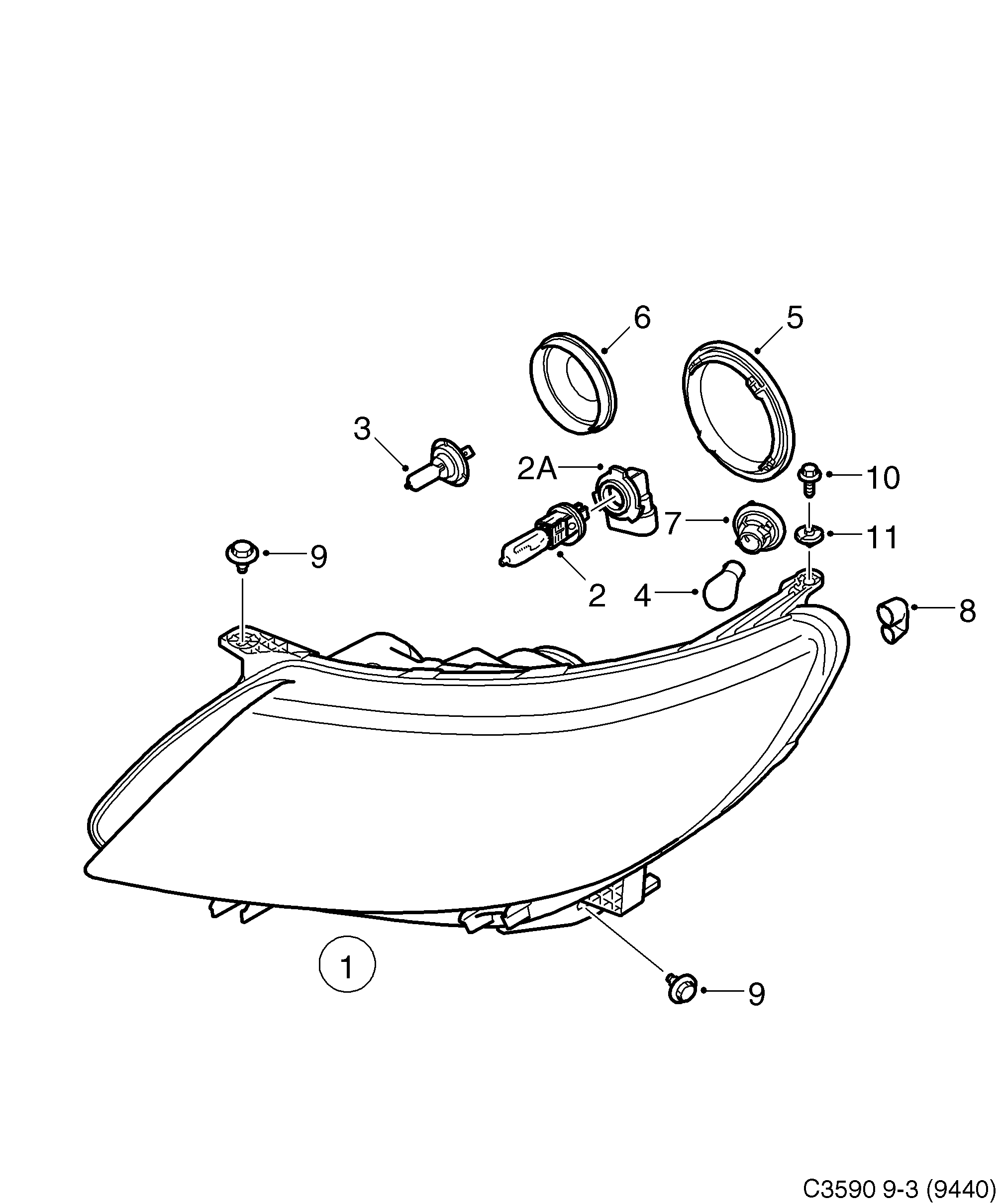 Saab 9-3 (9440) Headlamp diagram