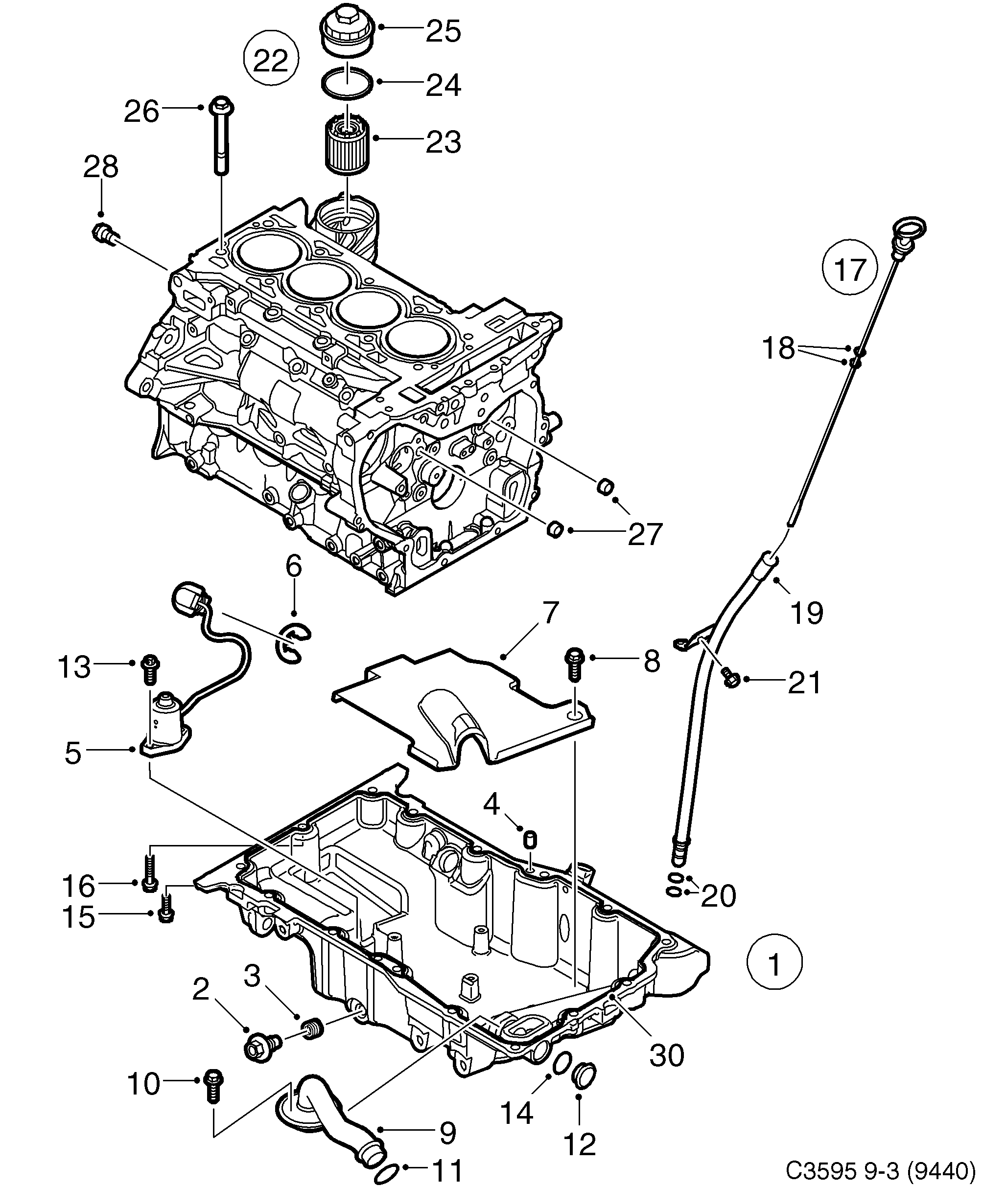 Saab 9-3 (9440) Oil pan, oil filter diagram