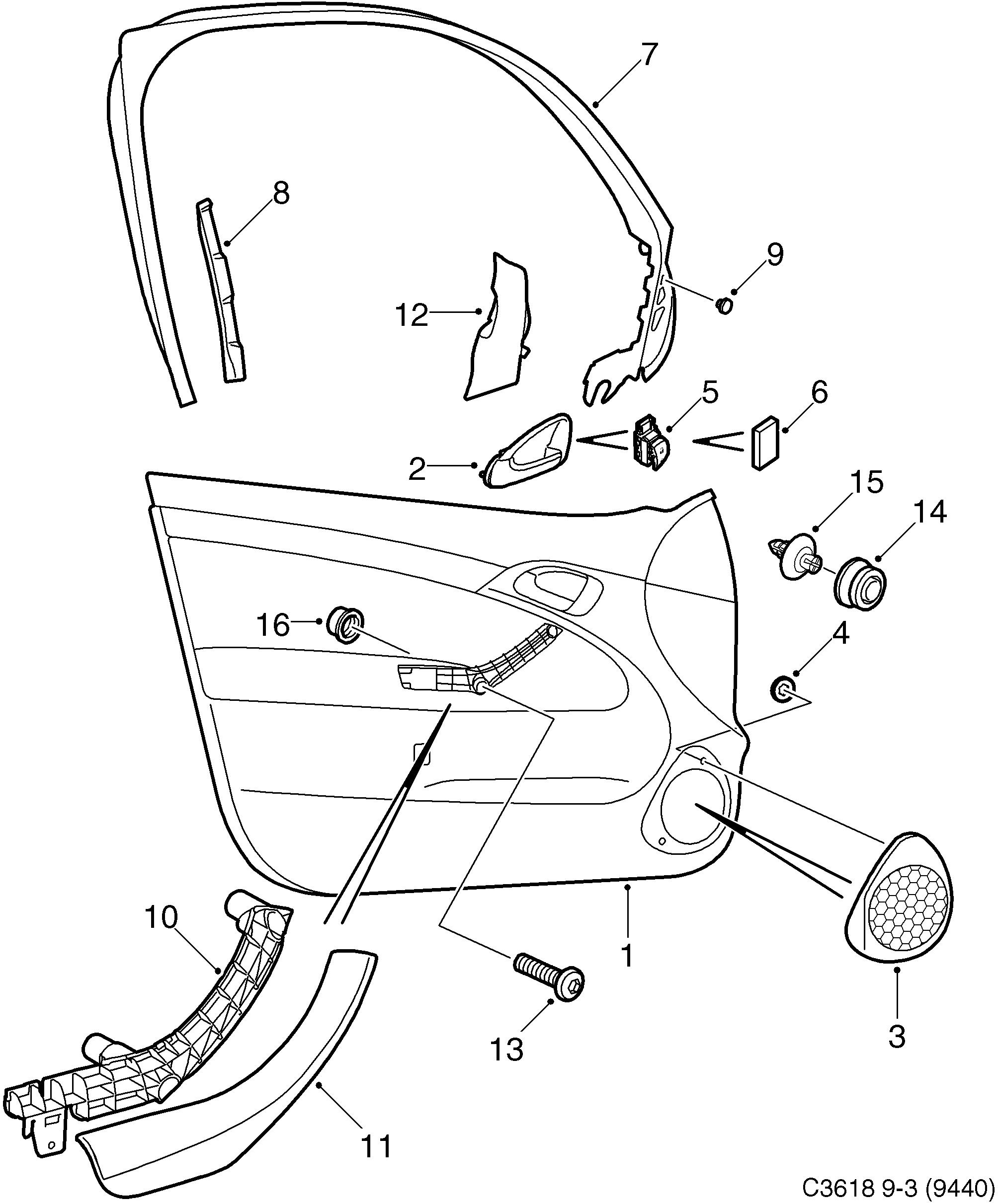 Saab 9-3 (9440) Door panel Front door diagram