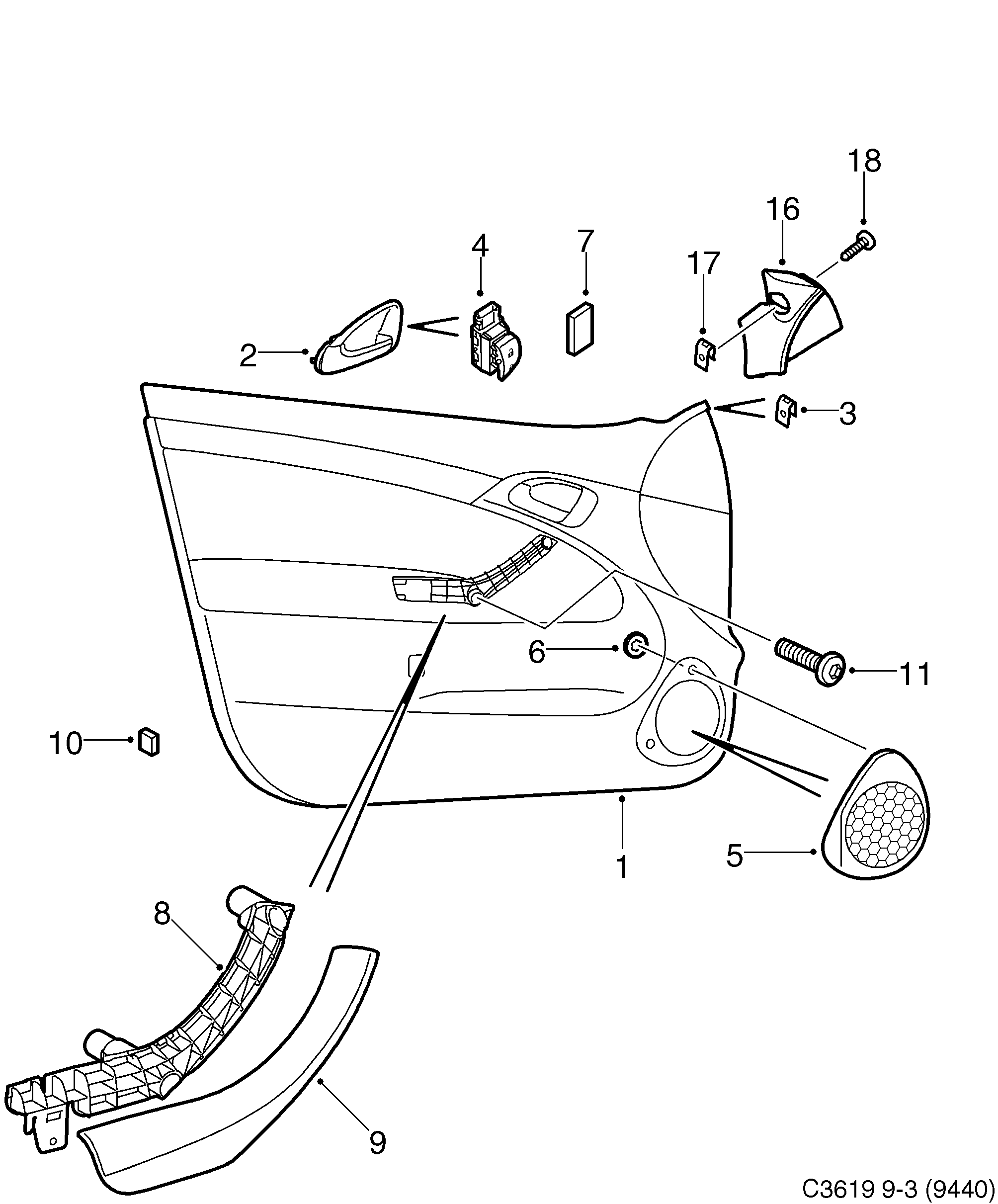 Saab 9-3 (9440) Door panel Front door diagram