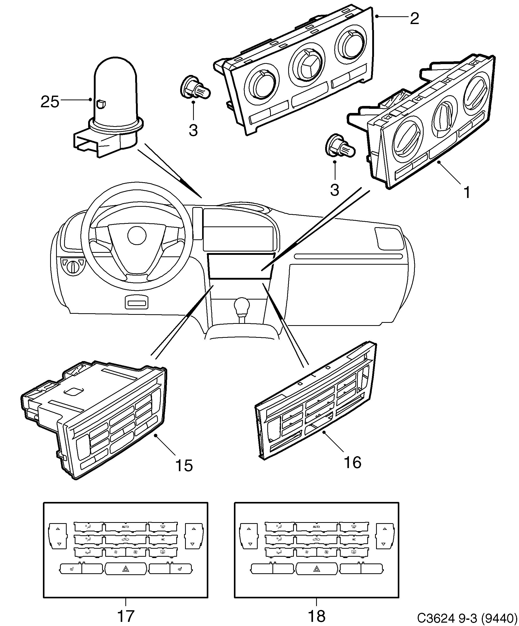 Saab 9-3 (9440) Control panel diagram