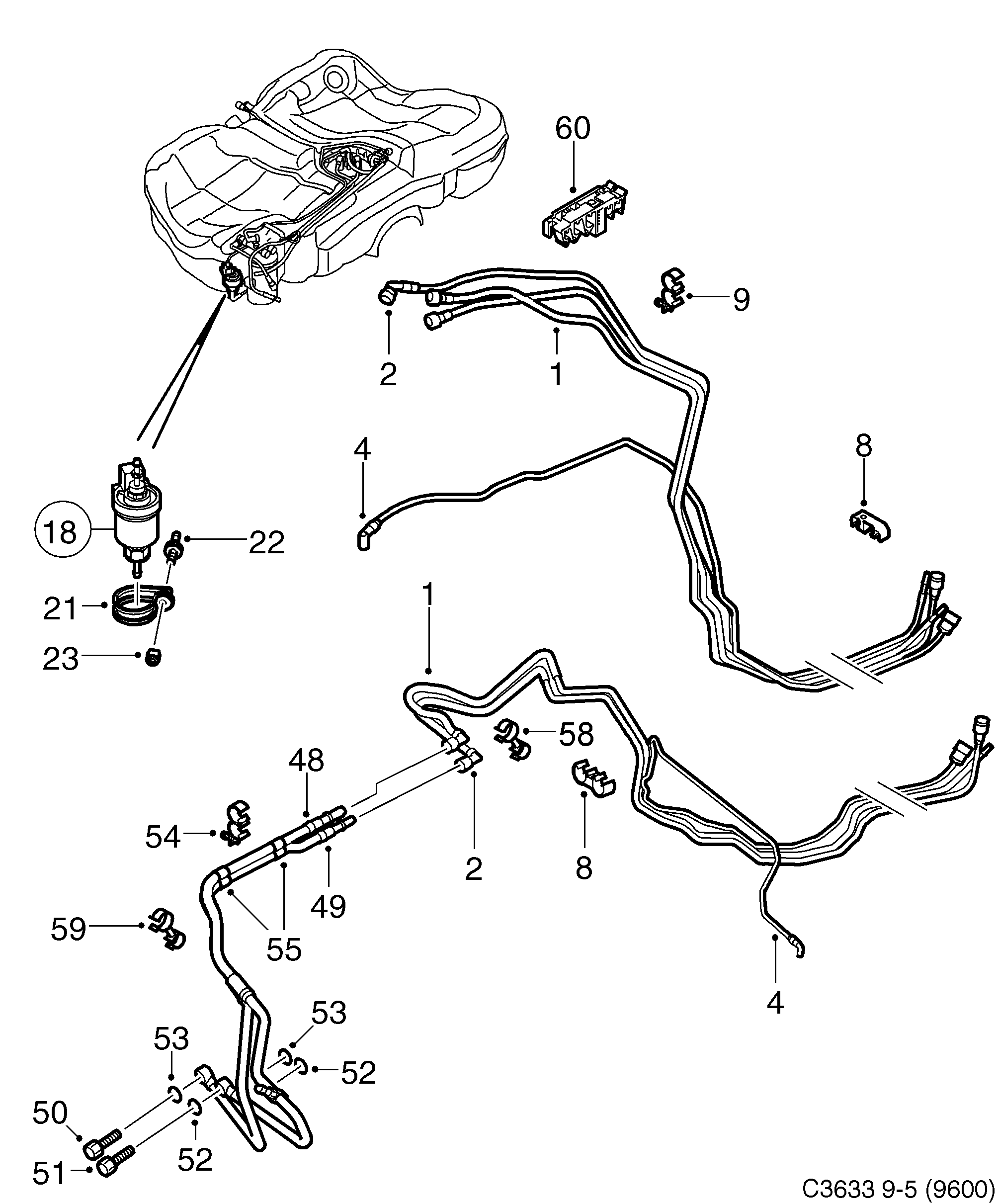 Saab 9-5 (9600) Fuel pipe diagram