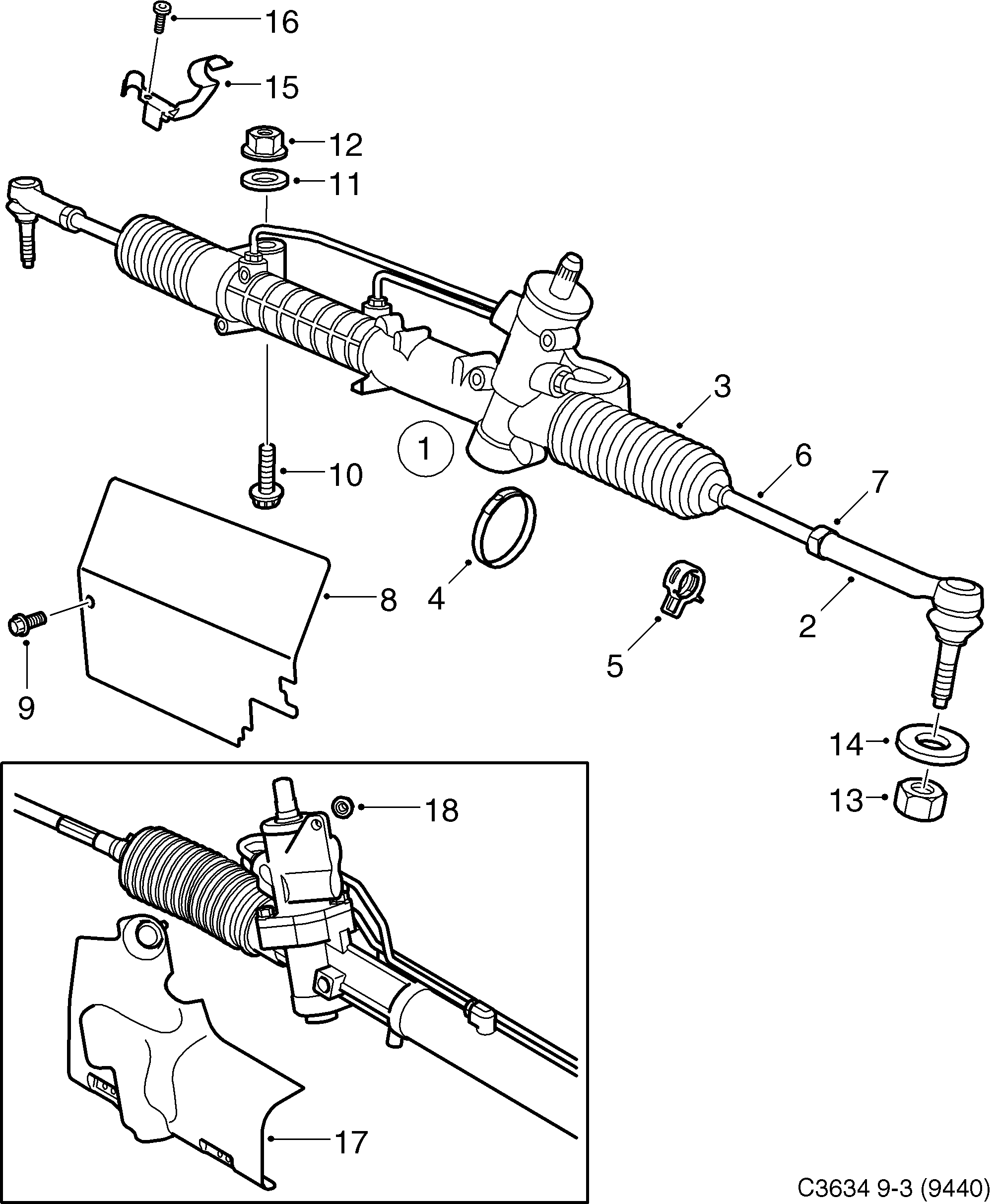 Saab 9-3 (9440) Power steering gear diagram