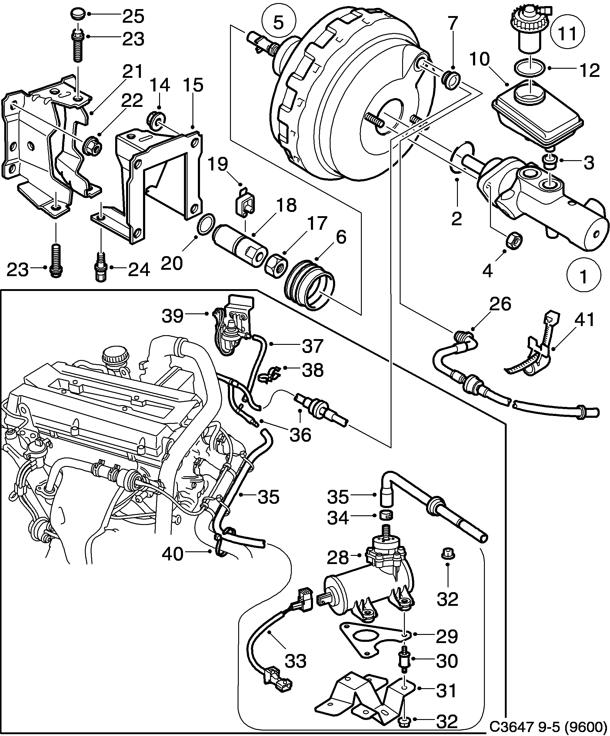 Saab 9-5 (9600) Master cylinder vacuum brake booster diagram