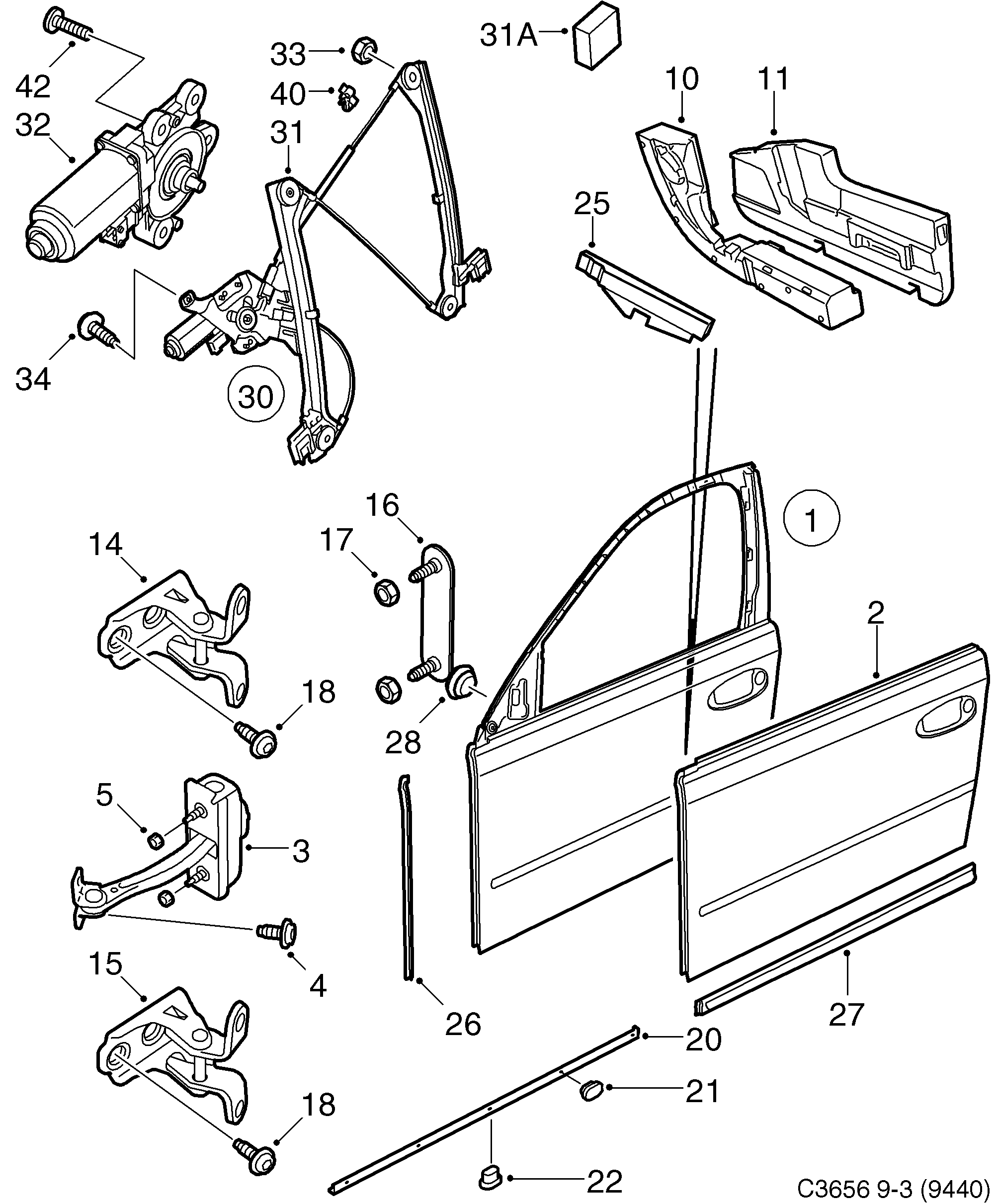 Saab 9-3 (9440) Front door Window regulator diagram
