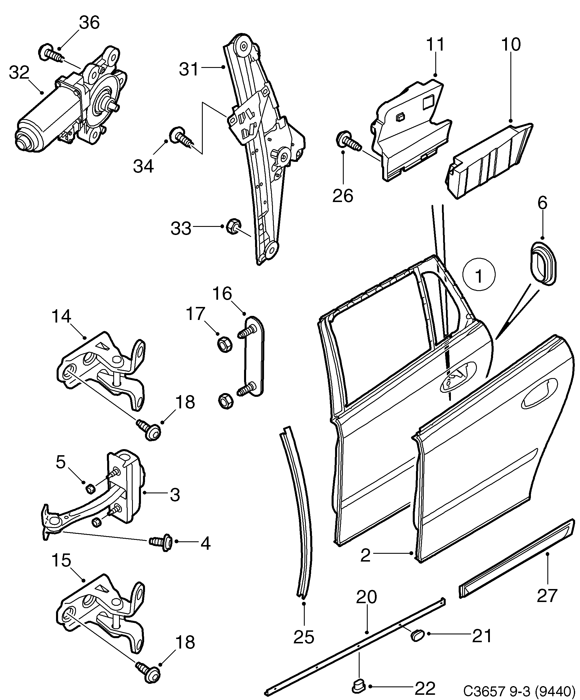 Saab 9-3 (9440) Rear door Window regulator diagram