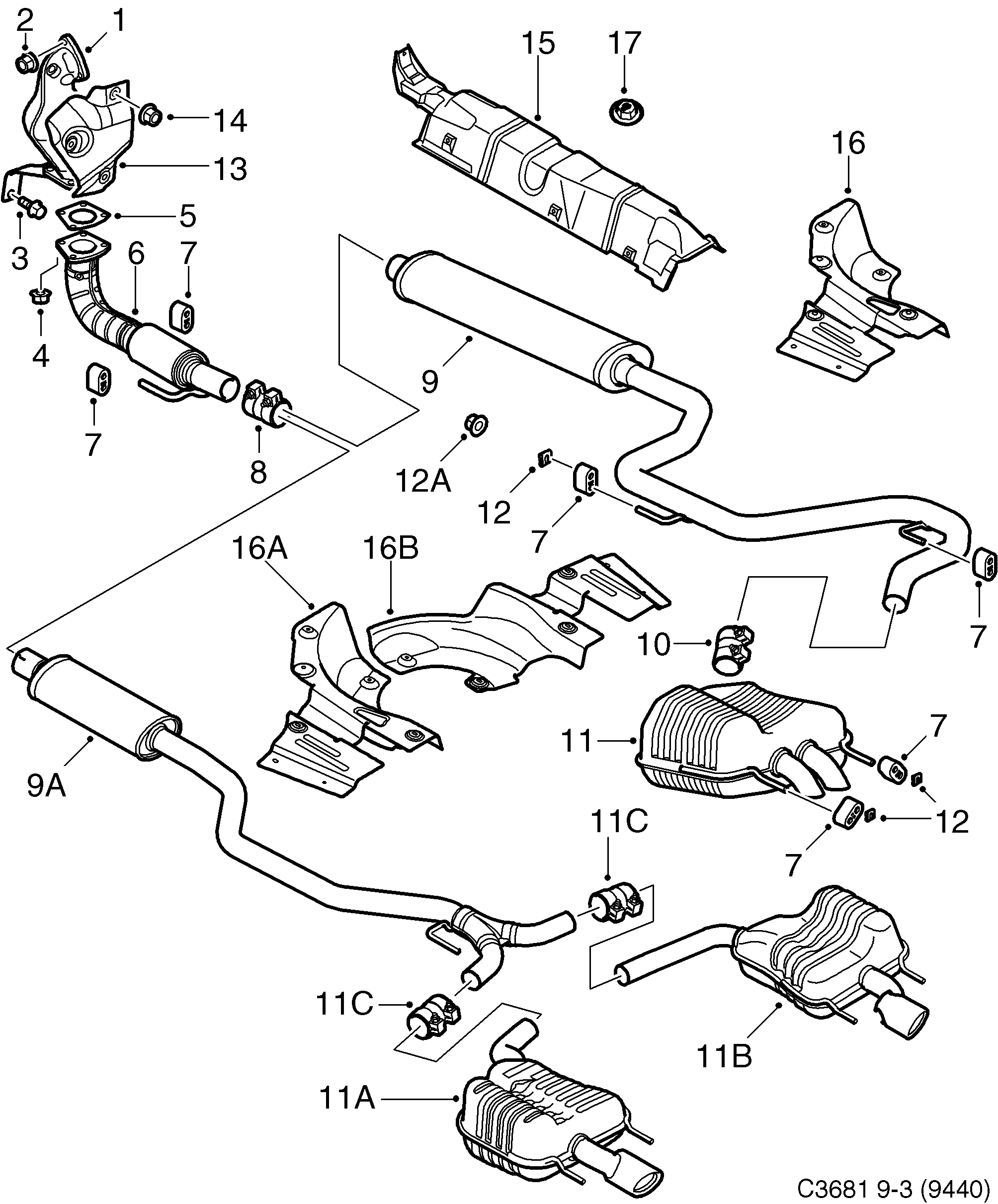 Saab 9-3 (9440) Exhaust system diagram
