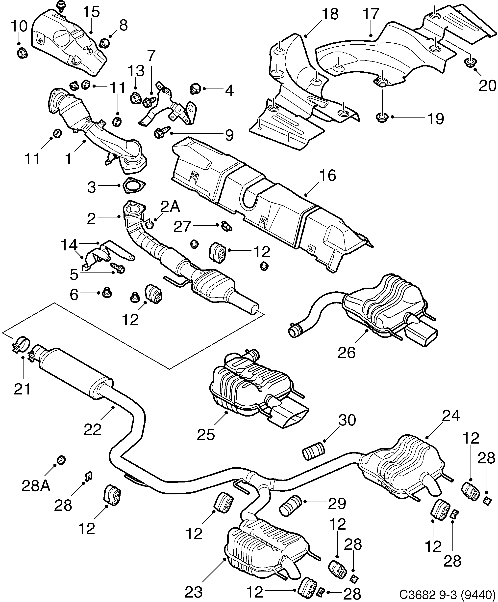 Saab 9-3 (9440) Exhaust system diagram