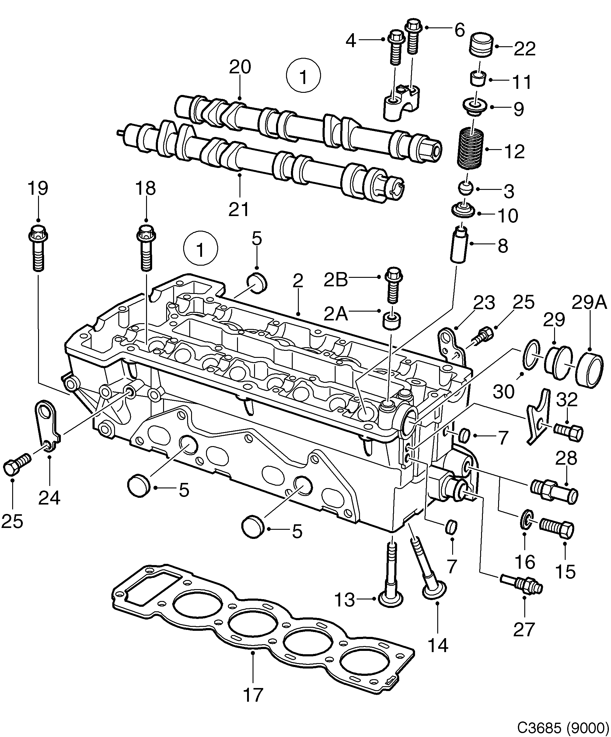 Saab 9000 Cylinder head diagram