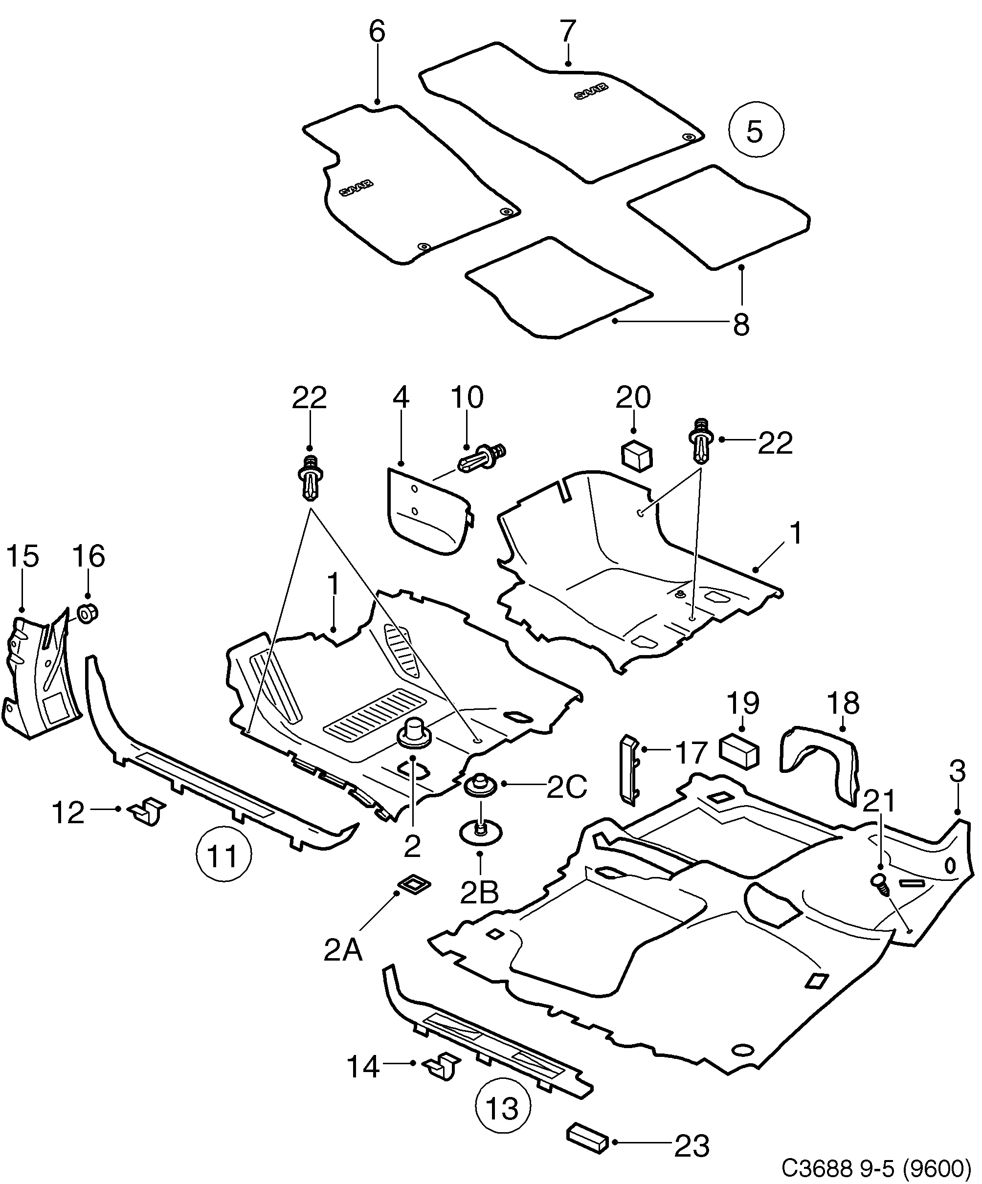 Saab 9-5 (9600) Carpet Sill protection diagram