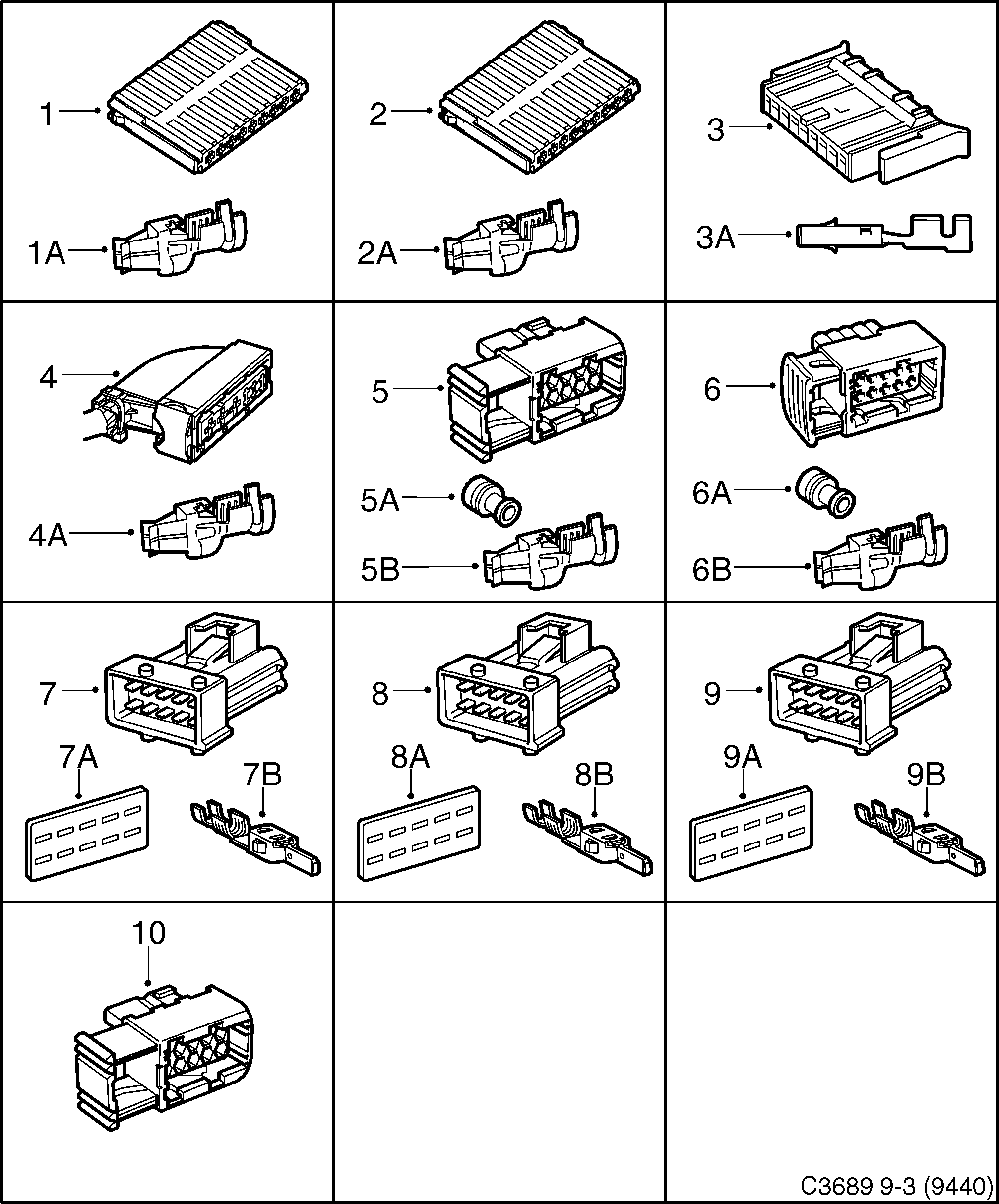 Saab 9-3 (9440) Connector housing etc 9-pin - 10-pin diagram