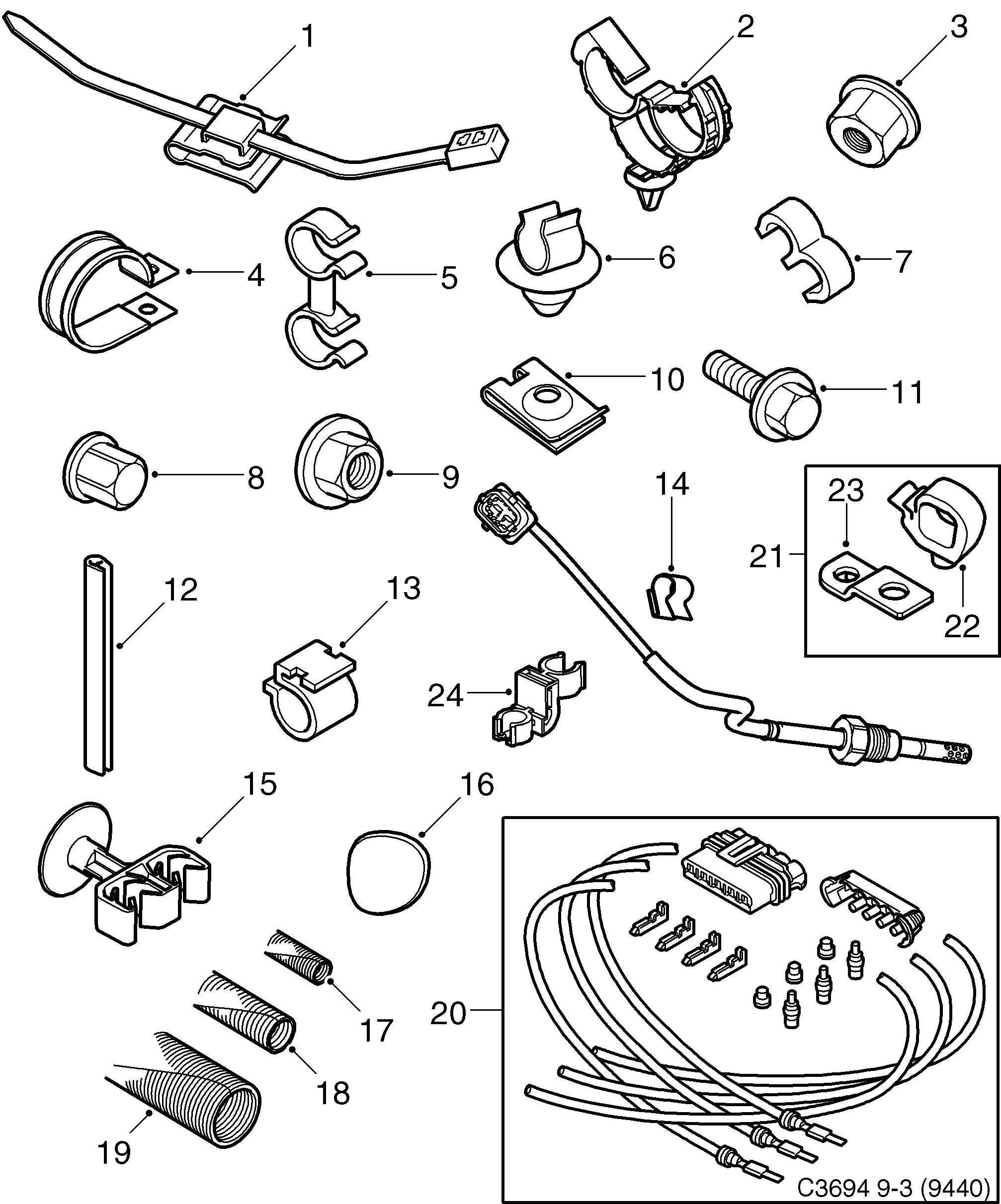 Saab 9-3 (9440) Bushings, screws, clamps etc diagram