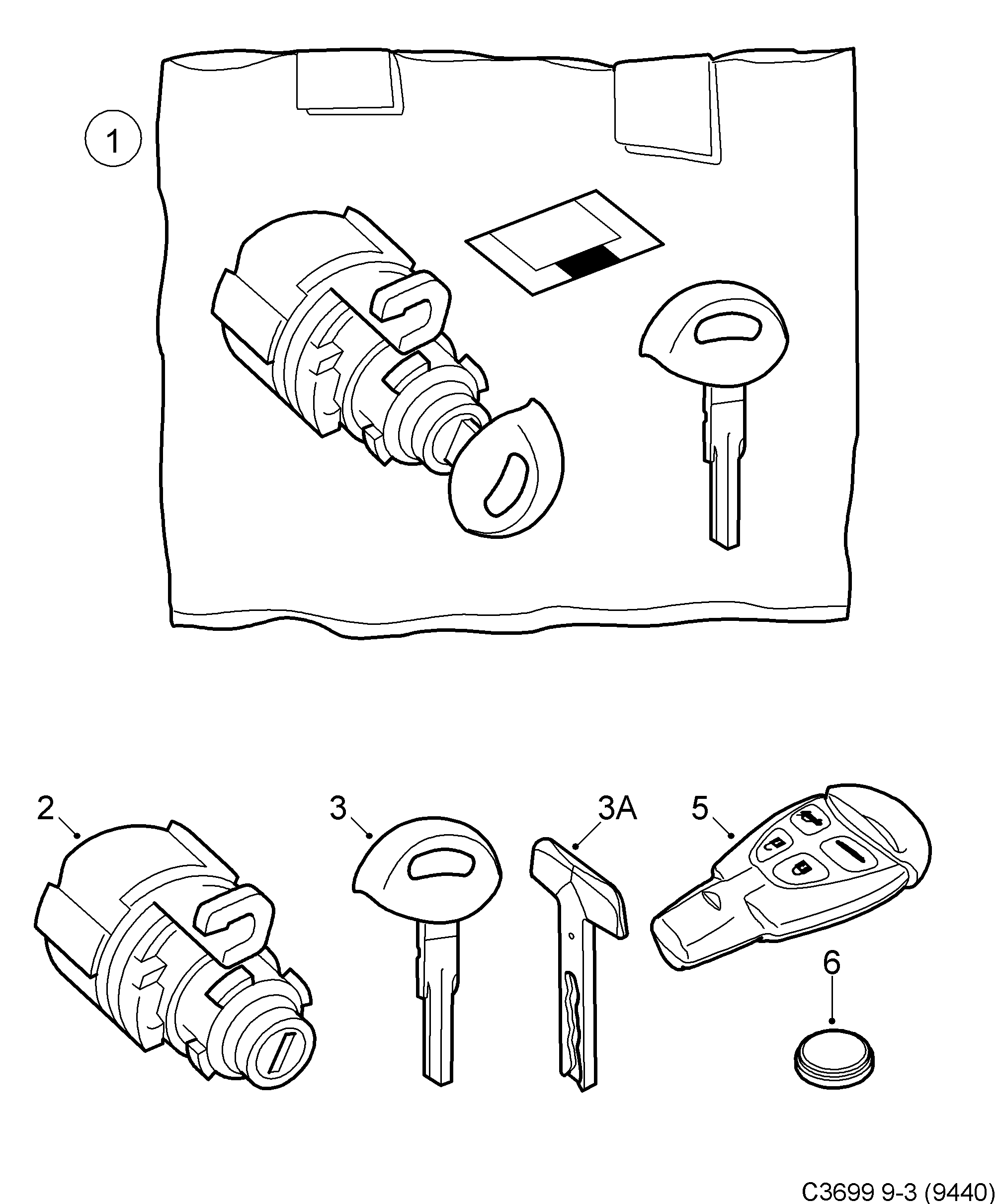 Saab 9-3 (9440) Lock Lock cylinder set diagram