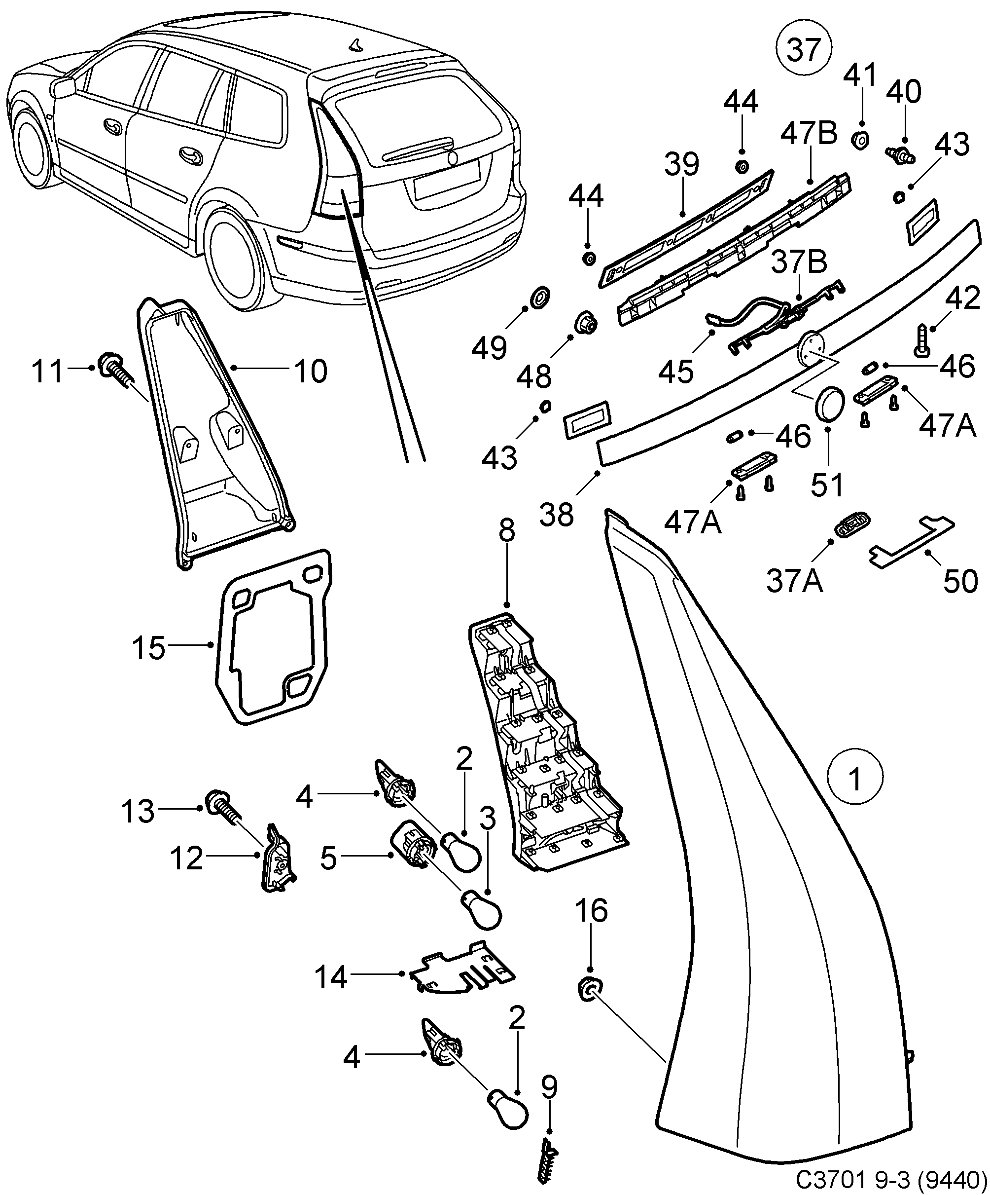 Saab 9-3 (9440) Tail light diagram
